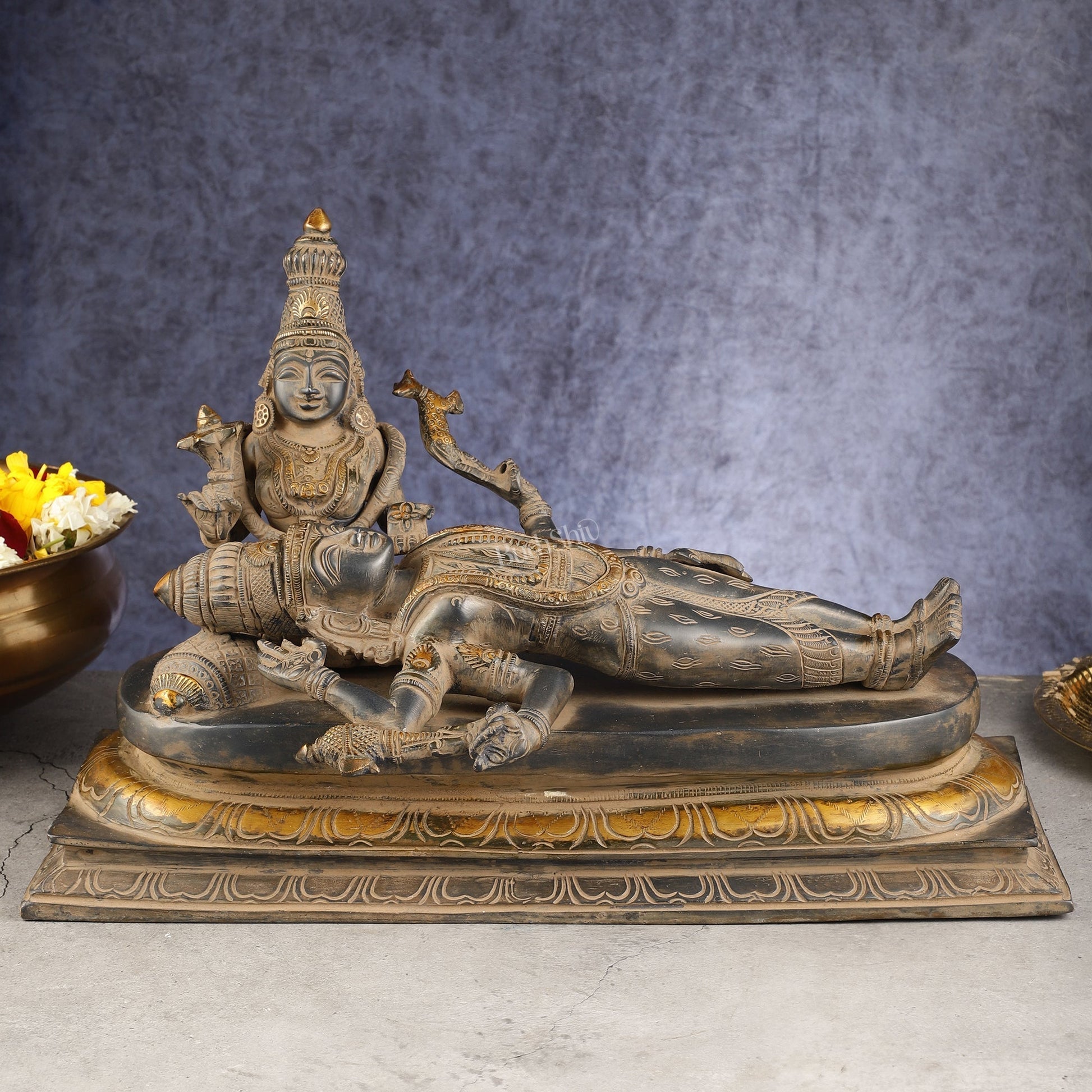 Rare Brass Lord Shiva Resting on parvatis lap statue 17.5 inch wide - Sama Homes Idol - Brass Sculpture - Eco-friendly - Sama Homes