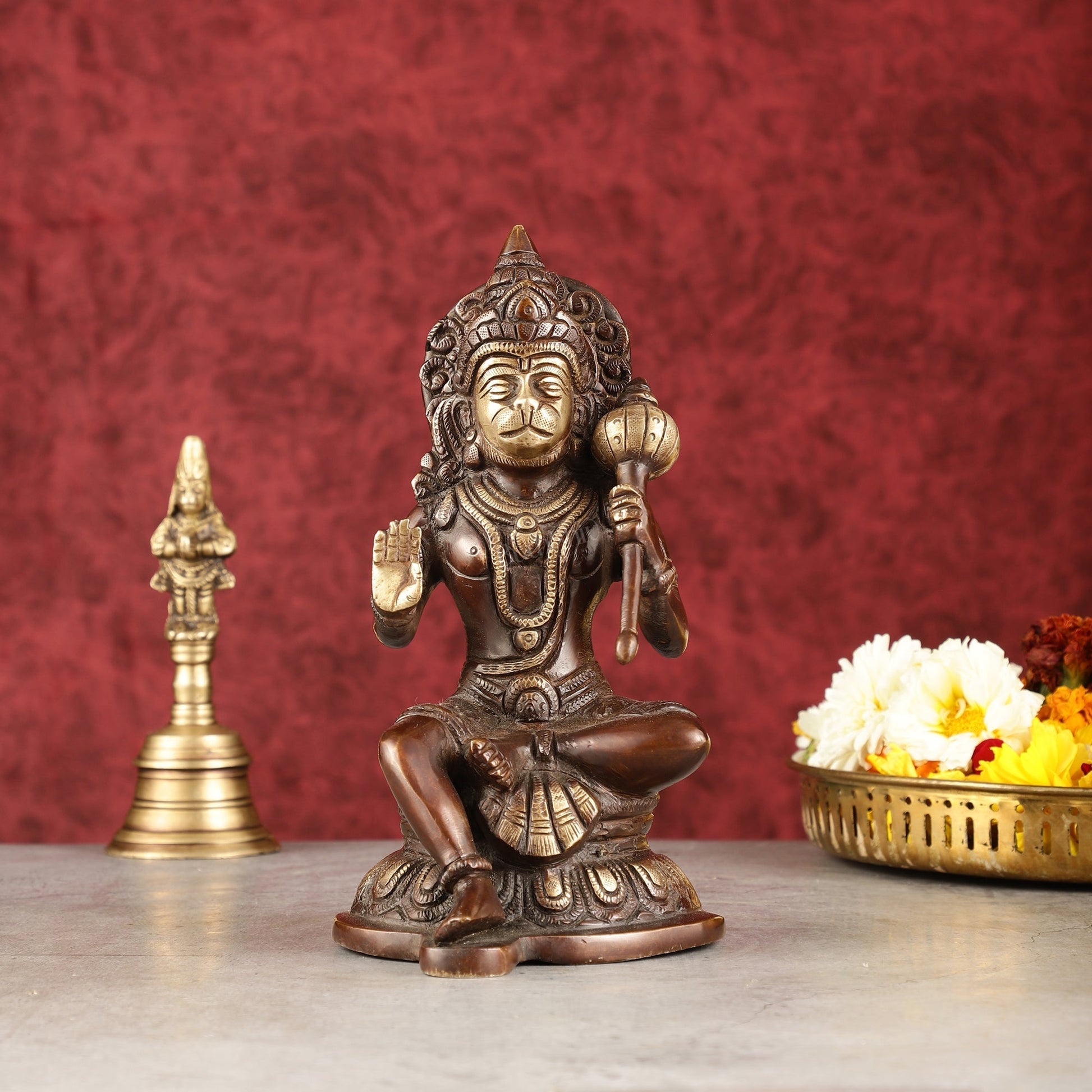 Pure Brass Handcrafted lord Hanuman Idol - 8" antique chola - Sama Homes Idol - Brass Sculpture - Eco-friendly - Sama Homes