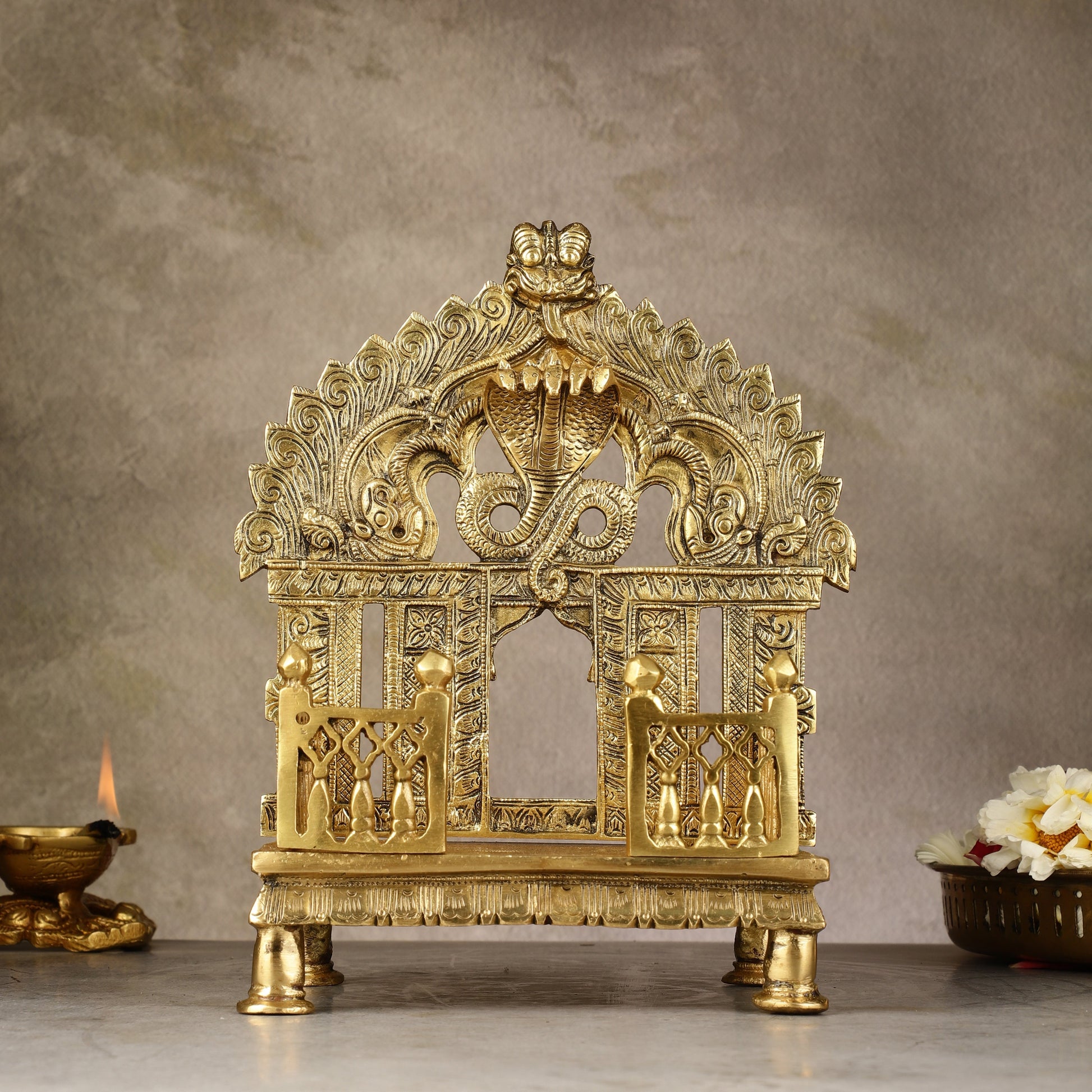Brass Singhaasan with Prabhavali brass temple - Eco-friendly - Sama Homes