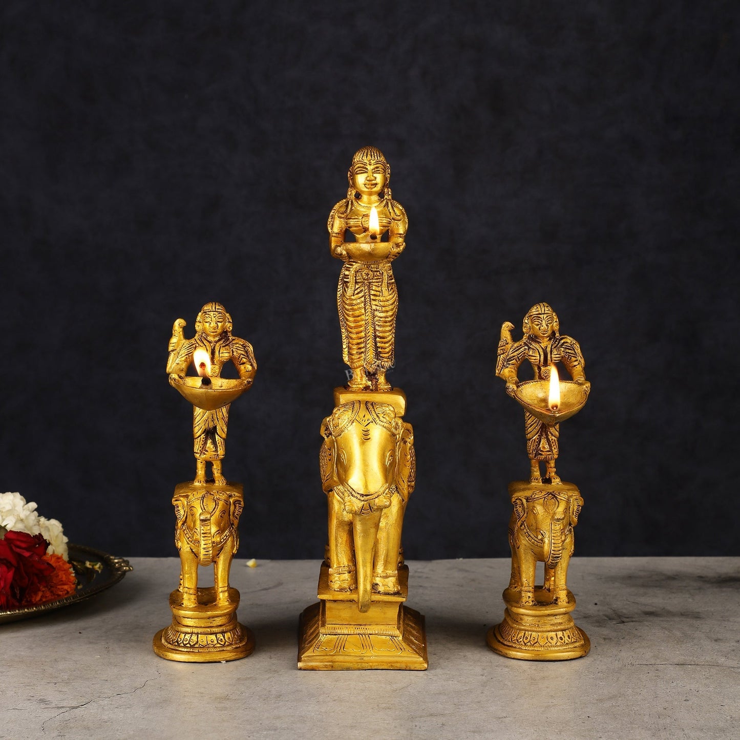 Traditional South Indian Pure Brass Deep Lady Paavai on Elephant Oil Lamps - Set of 3 - Sama Homes Idol - Brass Sculpture
