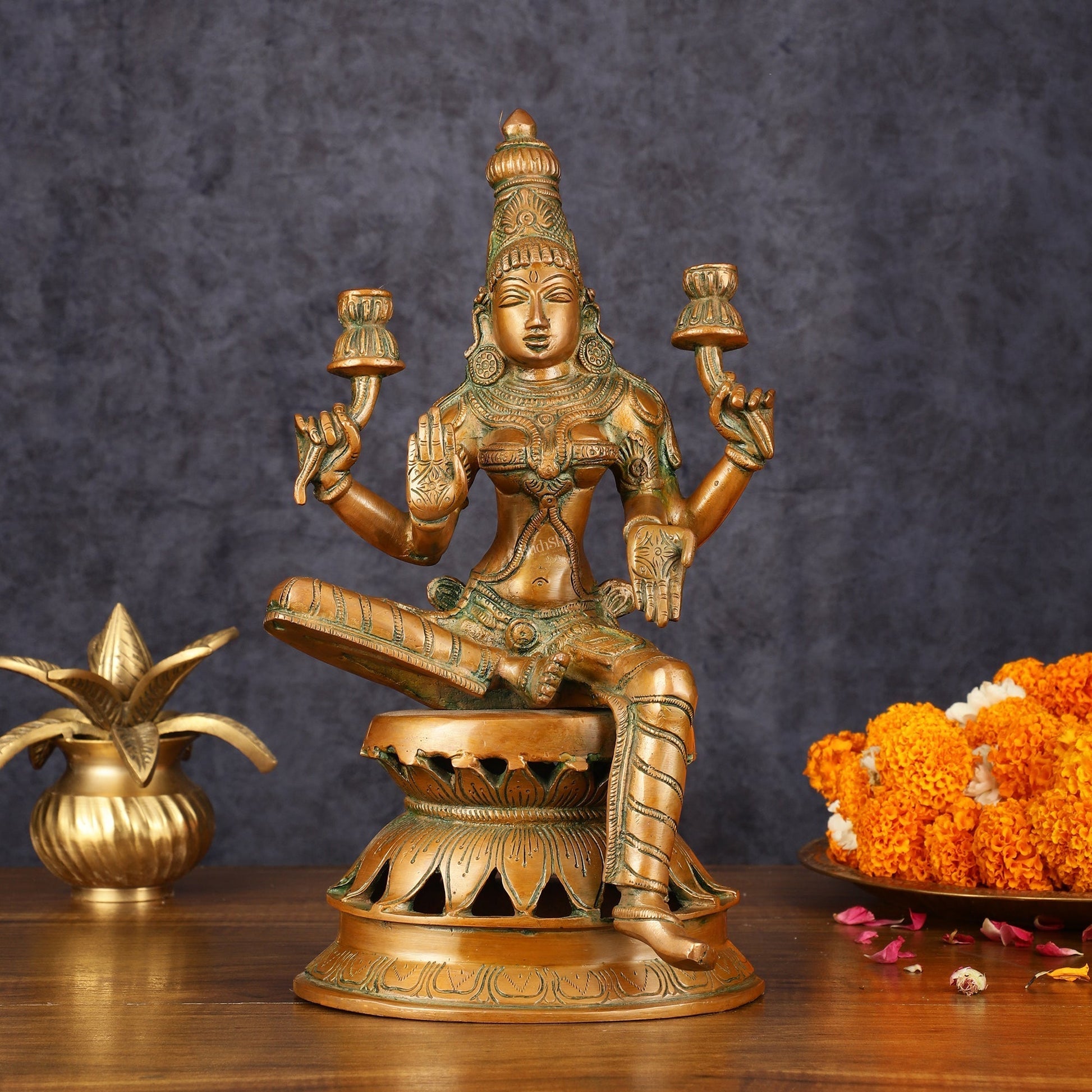 Vintage Brass Lakshmi Idol - 12" Divine Sculpture - Sama Homes Idol - Brass Sculpture - Eco-friendly - Sama Homes