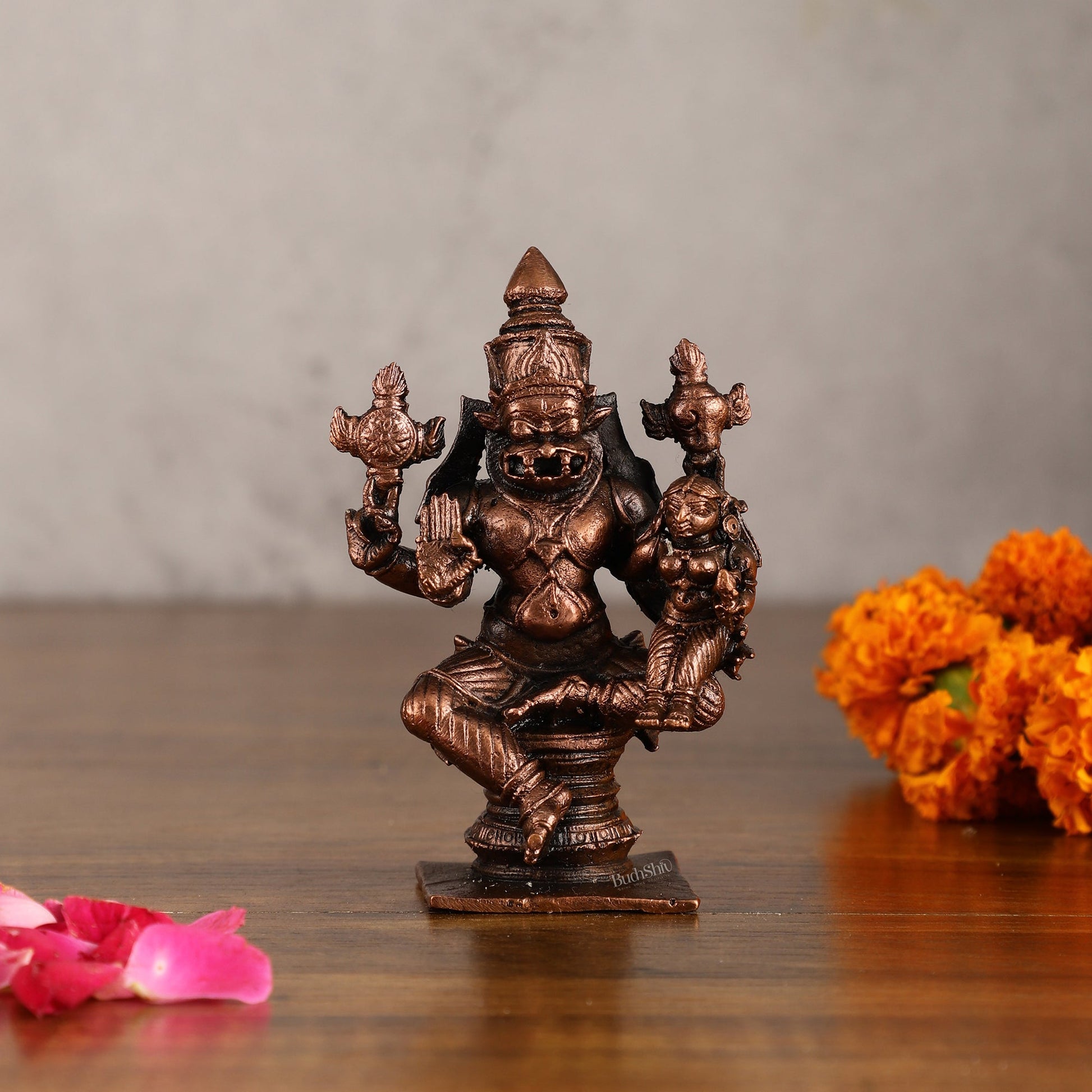 Pure Copper Narsimha Lakshmi Idol - 4 Inches - Sama Homes Idol - Brass Sculpture - Eco-friendly - Sama Homes