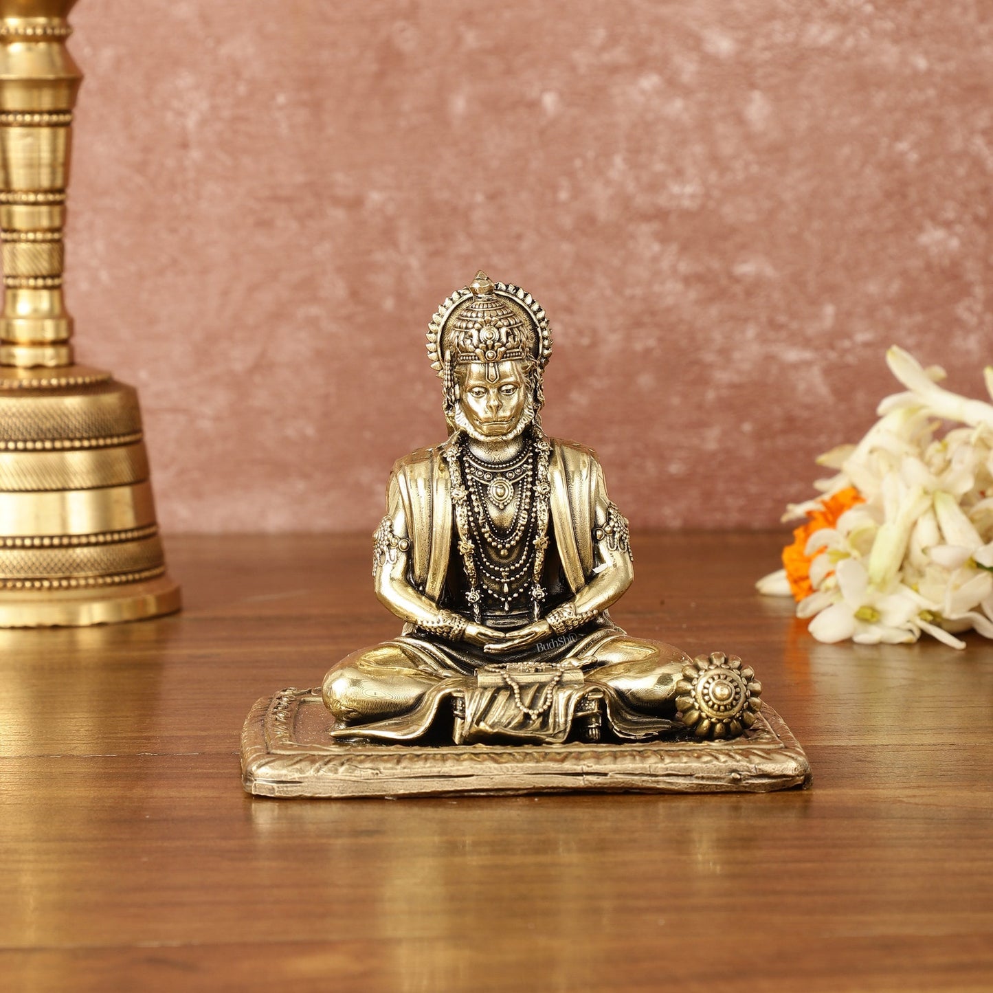 Pure Brass Superfine Meditation Hanuman Idol - Intricately Carved - 4" Tall - Sama Homes Idol - Brass Sculpture