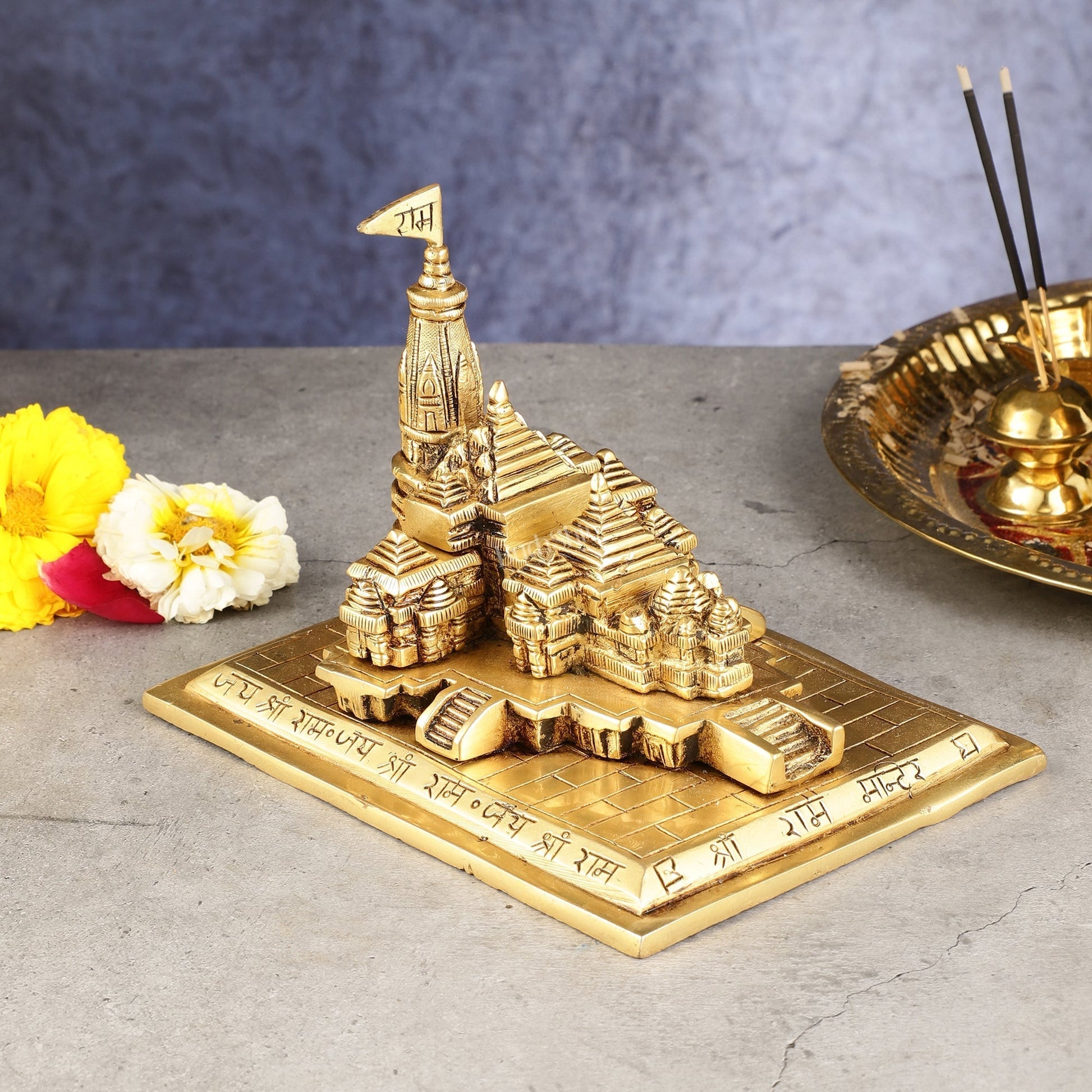 Brass Superfine Ayodhya Shri Ram Mandir Statue - 5 Inch | 100% Certified Copper & Brass - Sama Homes Idol - Brass Sculpture - Eco-friendly - Sama Homes