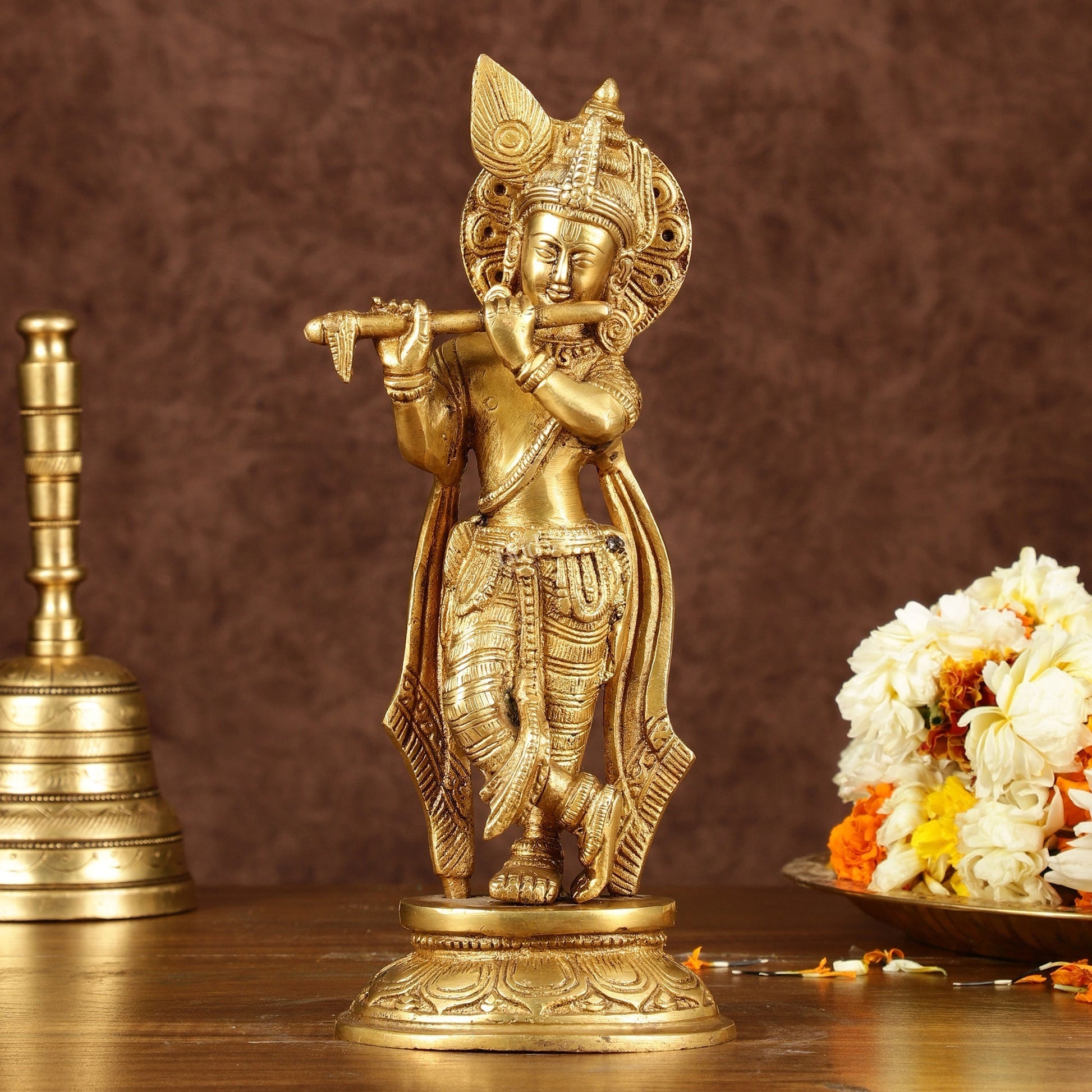Murlidhari Krishna Idol 9.5" antique finish - Sama Homes Idol - Brass Sculpture - Eco-friendly - Sama Homes