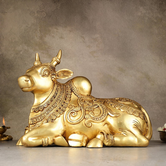 Superfine Brass Sitting Nandi Statue - 13" | Right Leg Raised - Sama Homes Idol - Brass Sculpture