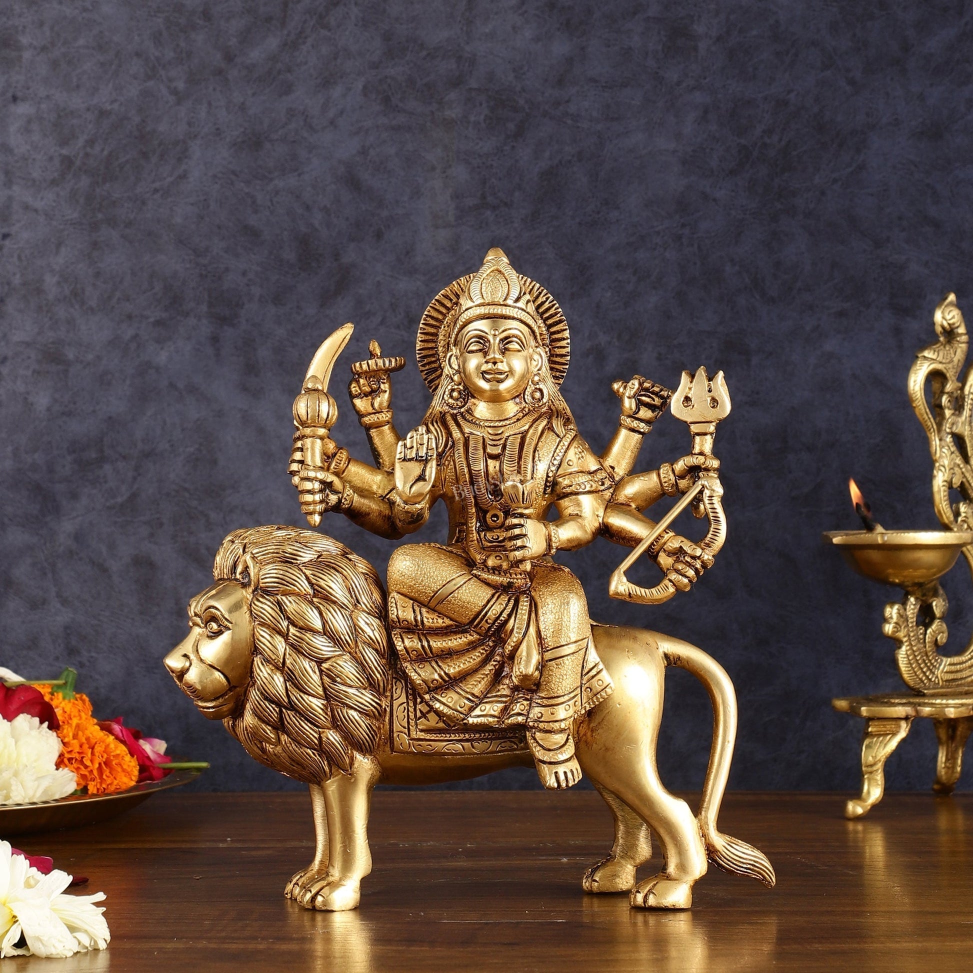 Handcrafted Brass Goddess Durga Statue – 8.5 Inches, Finely Carved Masterpiece - Sama Homes Idol - Brass Sculpture - Eco-friendly - Sama Homes