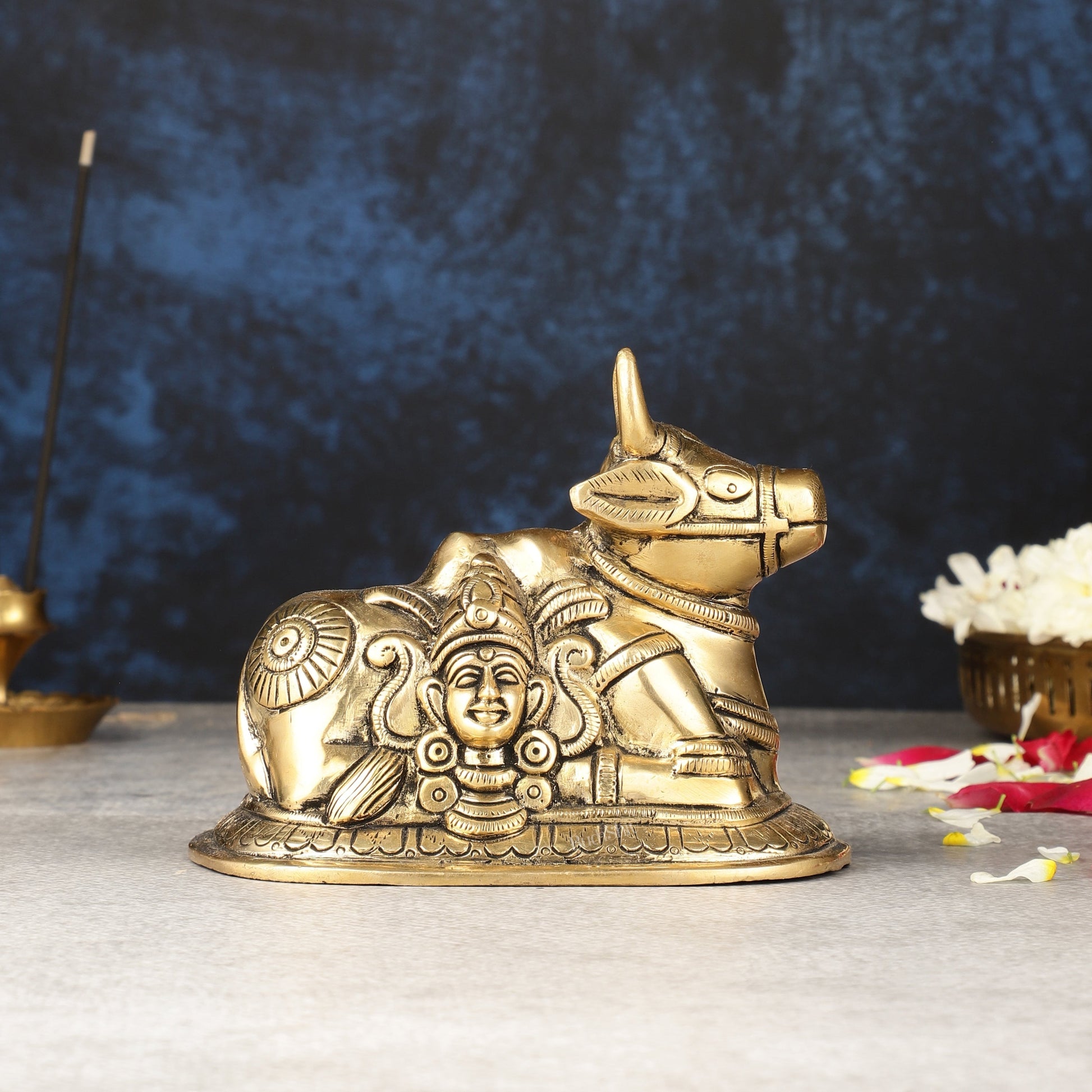Pure Brass Nandi Idol with Shiv Gauri Carving 6" - Sama Homes Idol - Brass Sculpture - Eco-friendly - Sama Homes