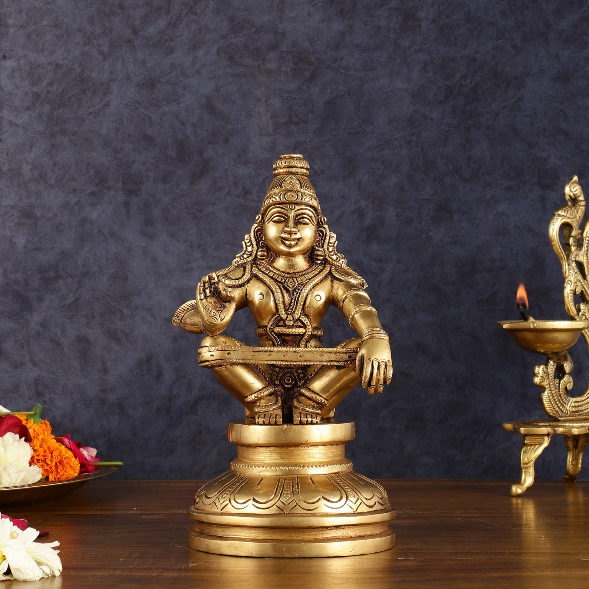 Brass Ayyappan Statue 8.5" antique finish | 100% Certified Copper & Brass - Sama Homes Idol - Brass Sculpture - Eco-friendly - Sama Homes