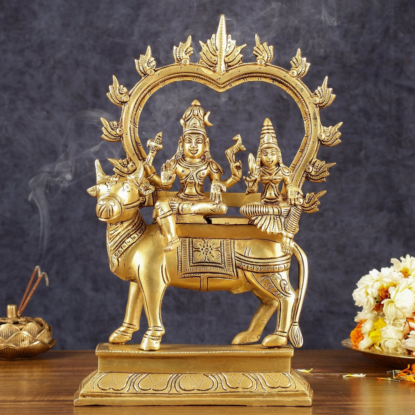 Brass Shiv Parvati seated on nandi Pradosh Nayagar with Prabhavali idol | 13 inch | 100% Certified Copper & Brass - Sama Homes Idol - Brass Sculpture