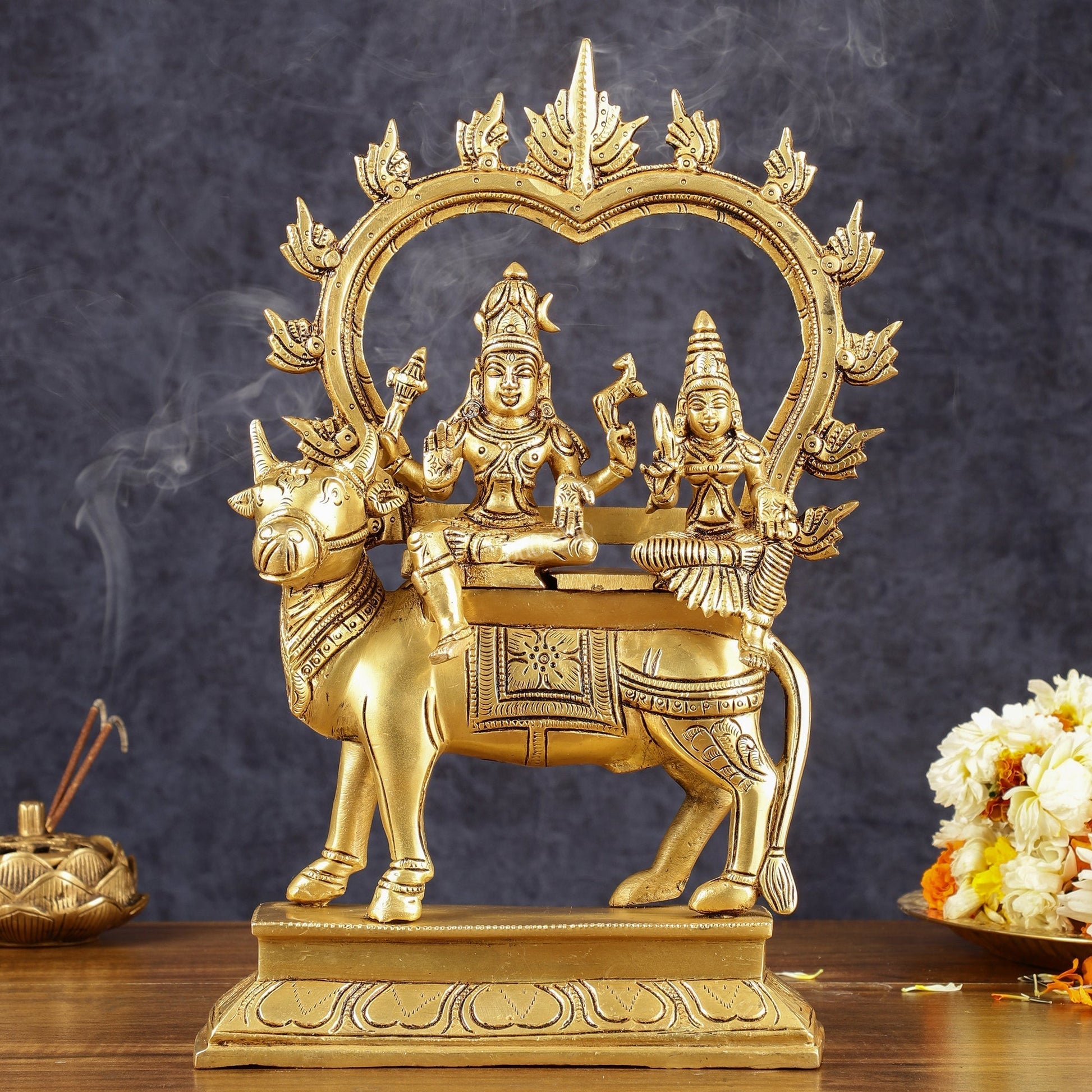 Brass Shiv Parvati seated on nandi Pradosh Nayagar with Prabhavali idol | 13 inch | 100% Certified Copper & Brass - Sama Homes Idol - Brass Sculpture - Eco-friendly - Sama Homes