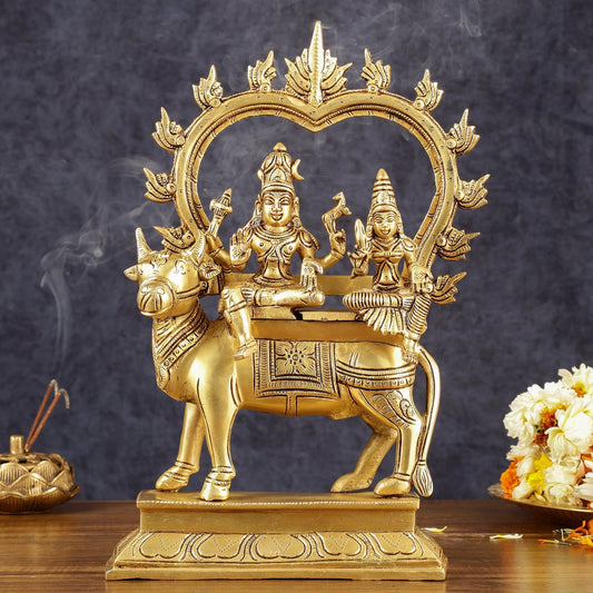 Brass Shiv Parvati seated on nandi Pradosh Nayagar with Prabhavali idol | 13 inch | 100% Certified Copper & Brass - Sama Homes Idol - Brass Sculpture