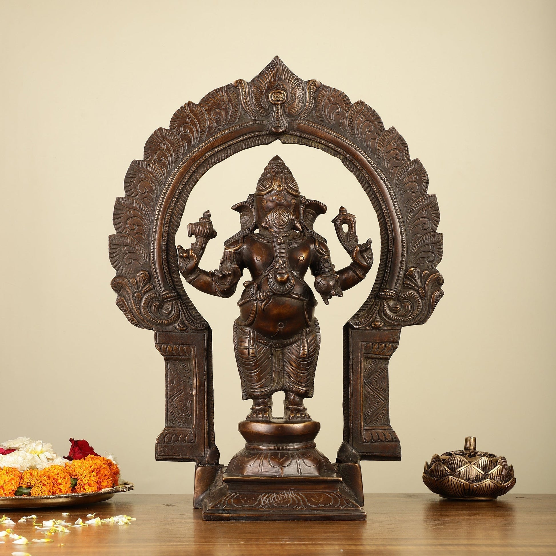 16" Brass Ganesha Standing Statue | Prabhaval Chola Style | 100% Certified Copper & Brass - Sama Homes Idol - Brass Sculpture - Eco-friendly - Sama Homes