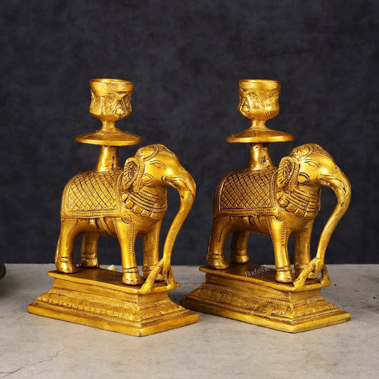 Pure Brass Pair of Elephant Candle Holders - Sama Homes Idol - Brass Sculpture