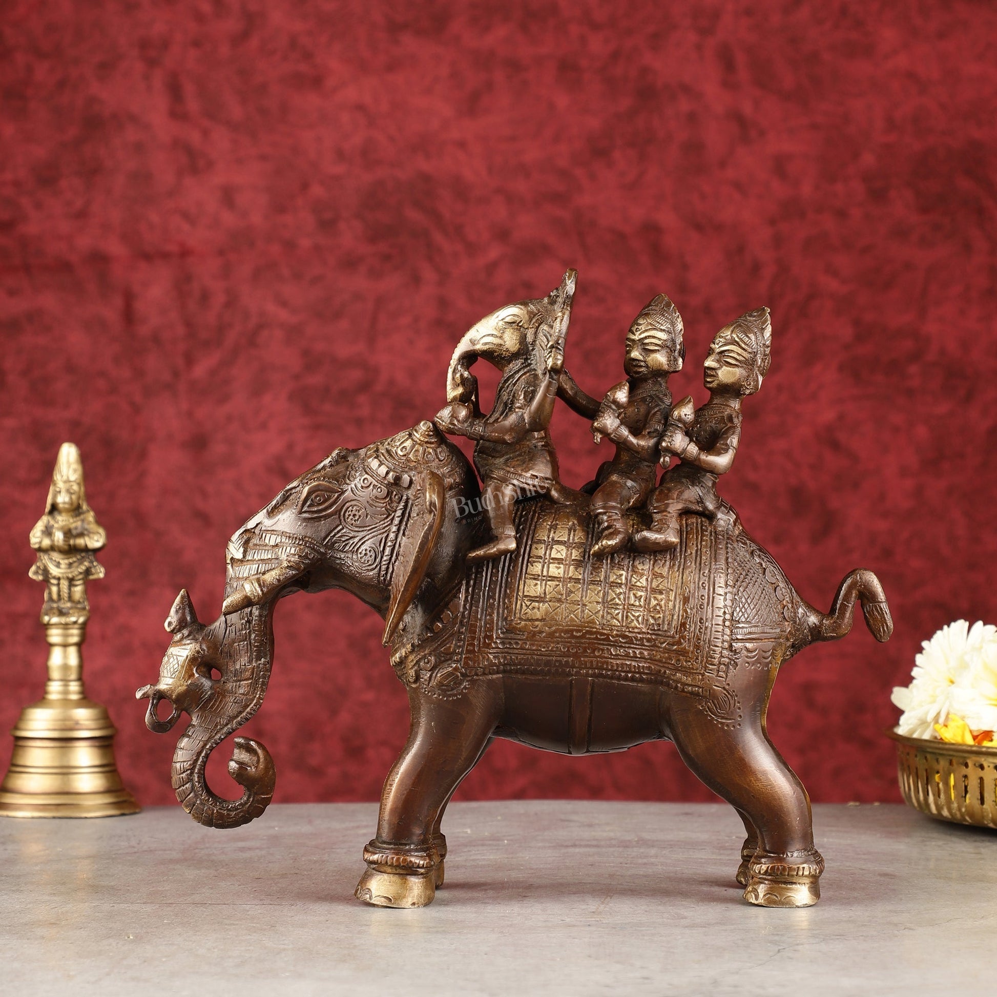 Pure Brass Handcrafted Ganesha with Riddhi Siddhi on Elephant Statue - 7.5" antique brown - Sama Homes Idol - Brass Sculpture - Eco-friendly - Sama Homes