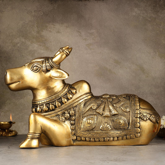 Pure Brass Superfine Nandi Statue with Enhanced Carvings - 16" - Sama Homes Idol - Brass Sculpture