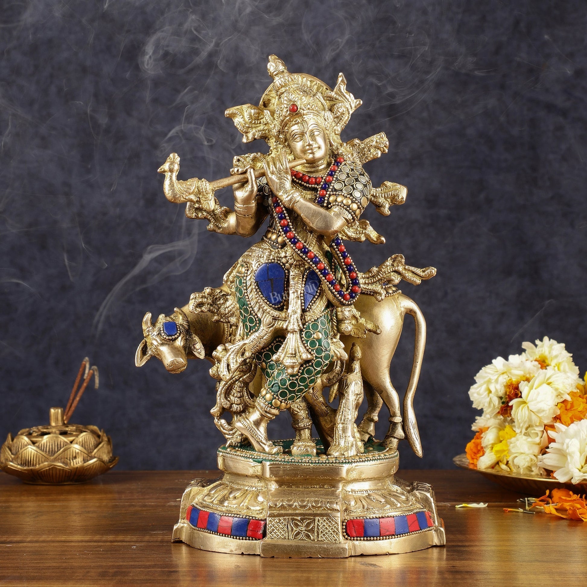 Multicolored Brass Krishna with Cow Idol | 12" with stonework - Sama Homes Idol - Brass Sculpture - Eco-friendly - Sama Homes