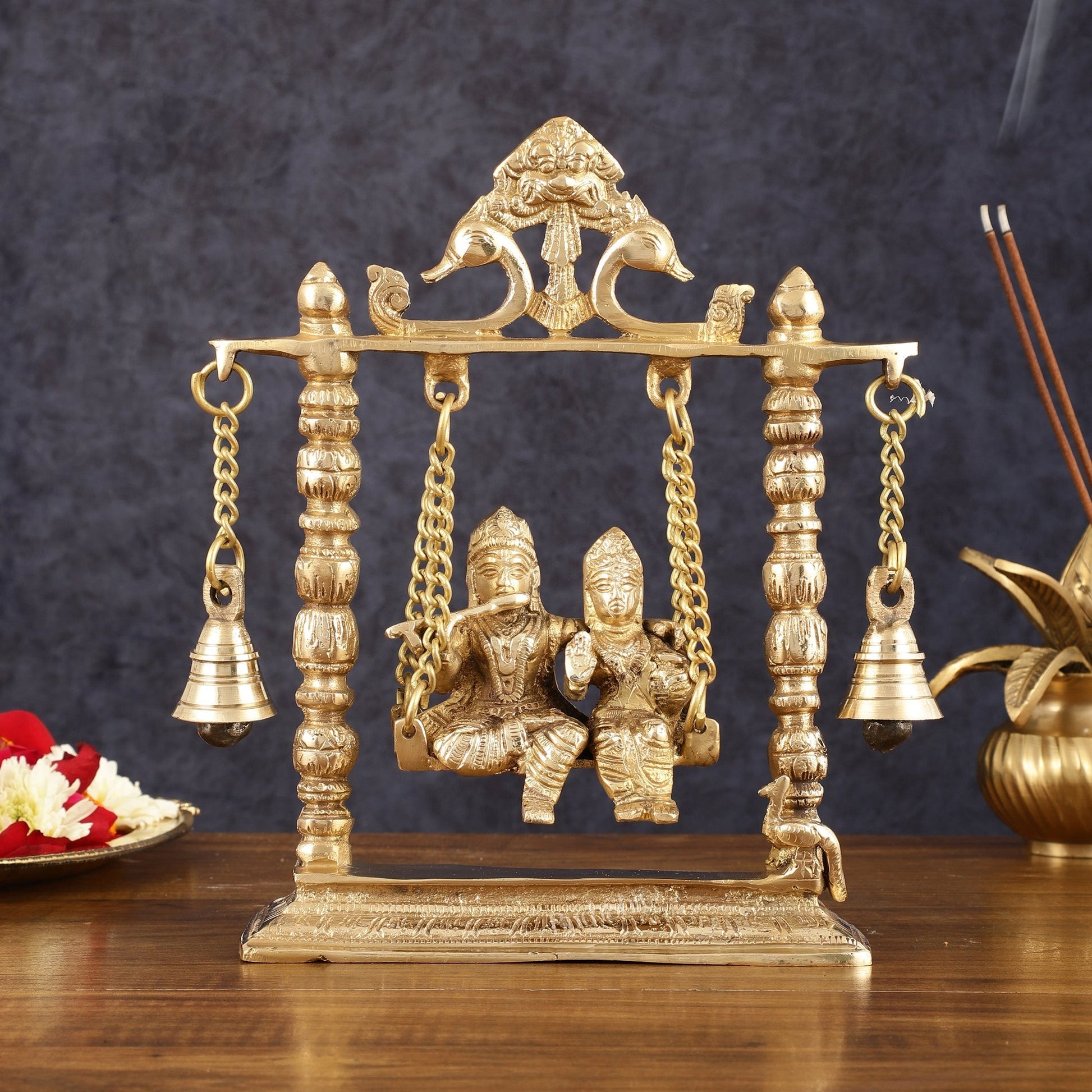 Pure Brass Radha Krishna Swing Idol - 10" Height - Sama Homes Idol - Brass Sculpture - Eco-friendly - Sama Homes