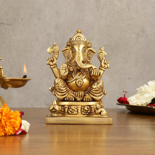 Brass Superfine Lord Ganesha Idol with Ashtavinayaka Carvings - 6.5 Inch - Sama Homes Idol - Brass Sculpture