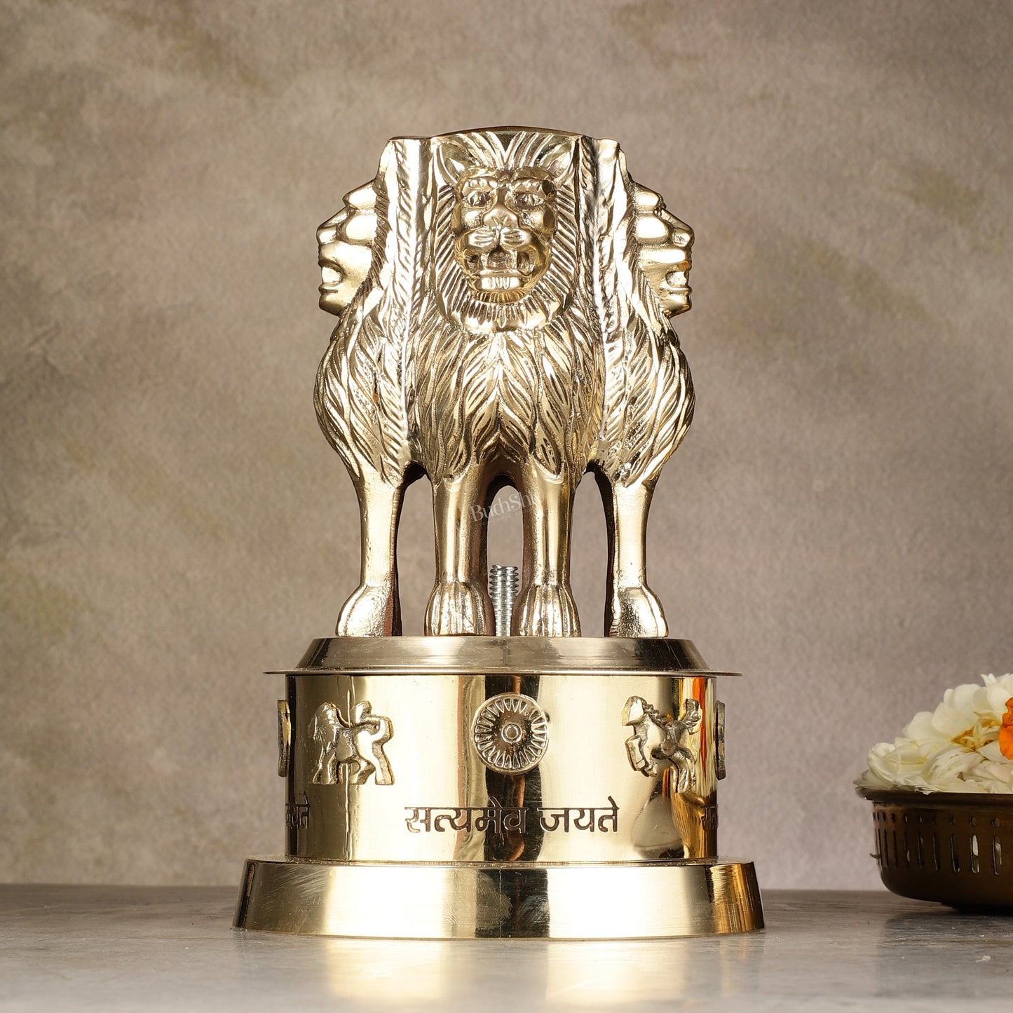 Brass Ashoka Lion Stambh Momento 8" | 100% Certified Copper & Brass - Sama Homes Idol - Brass Sculpture