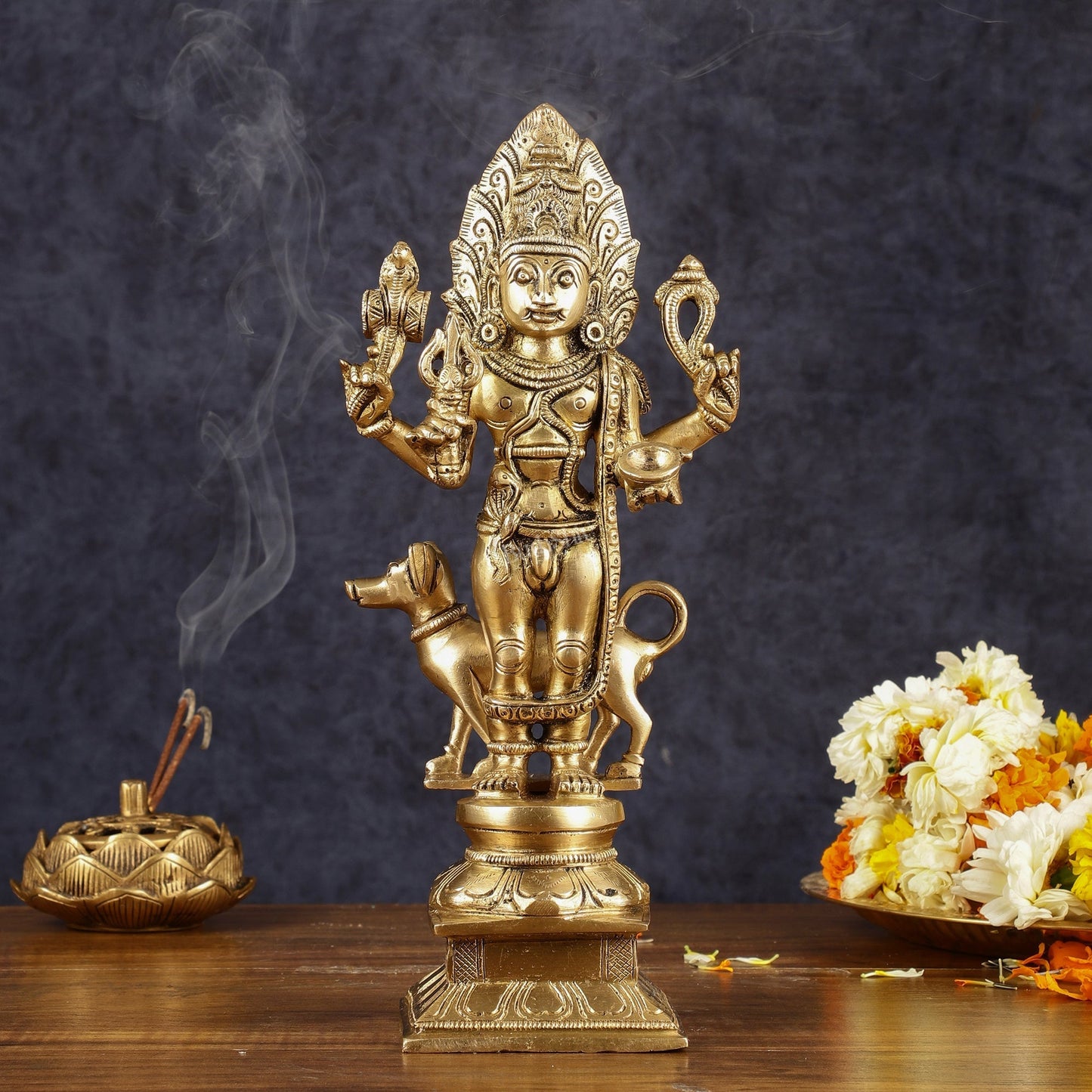 Majestic Brass Superfine Kaal Bhairav Bhairo Baba Idol with Dog - 12" - Sama Homes Idol - Brass Sculpture