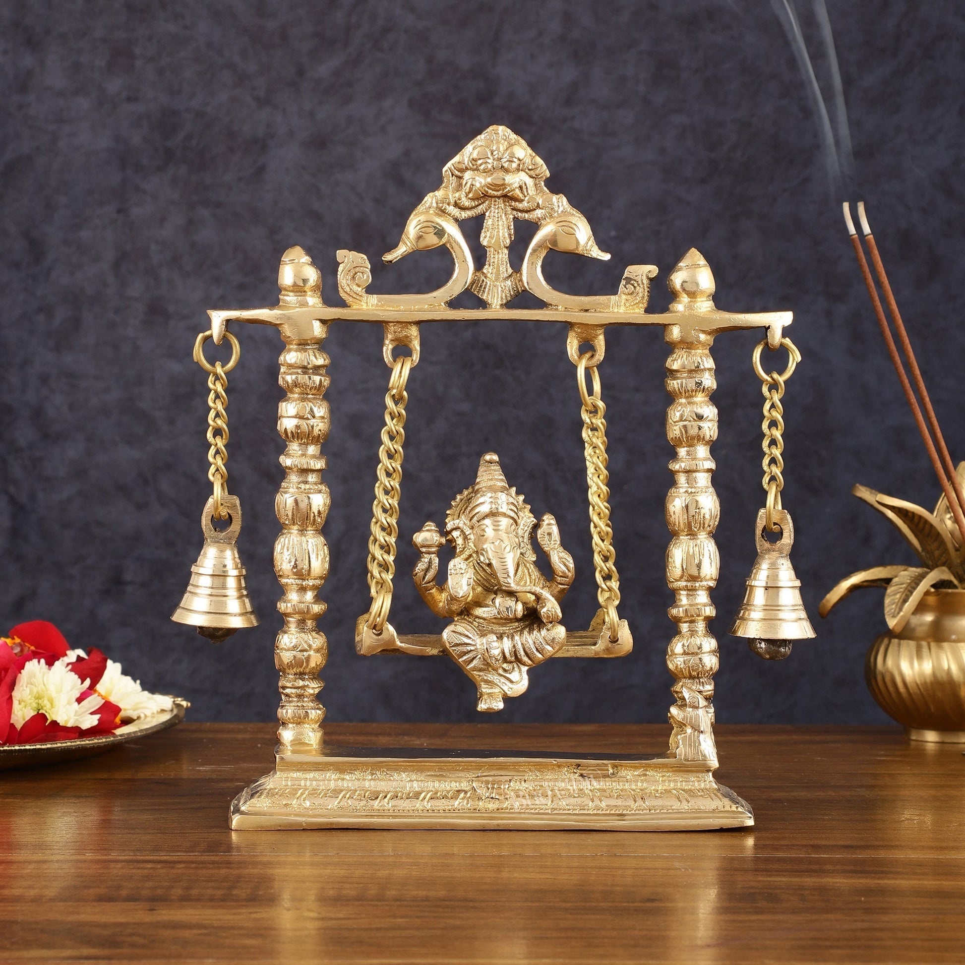 Pure Brass Ganesh Swing Idol - 10" Height - Sama Homes Idol - Brass Sculpture - Eco-friendly - Sama Homes
