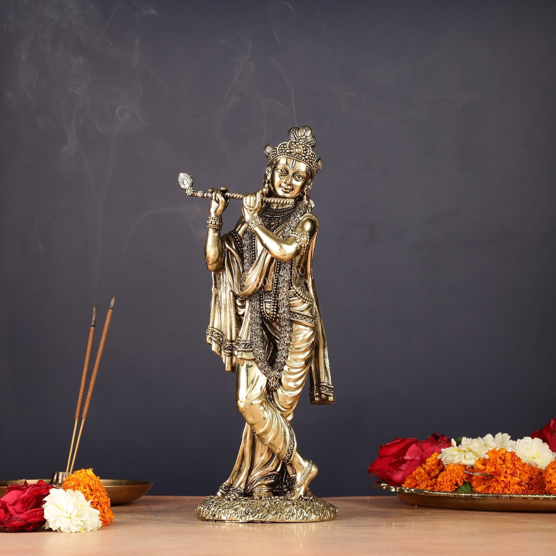 Superfine Brass Lord Krishna Intricate Idol 10" - Sama Homes Idol - Brass Sculpture - Eco-friendly - Sama Homes