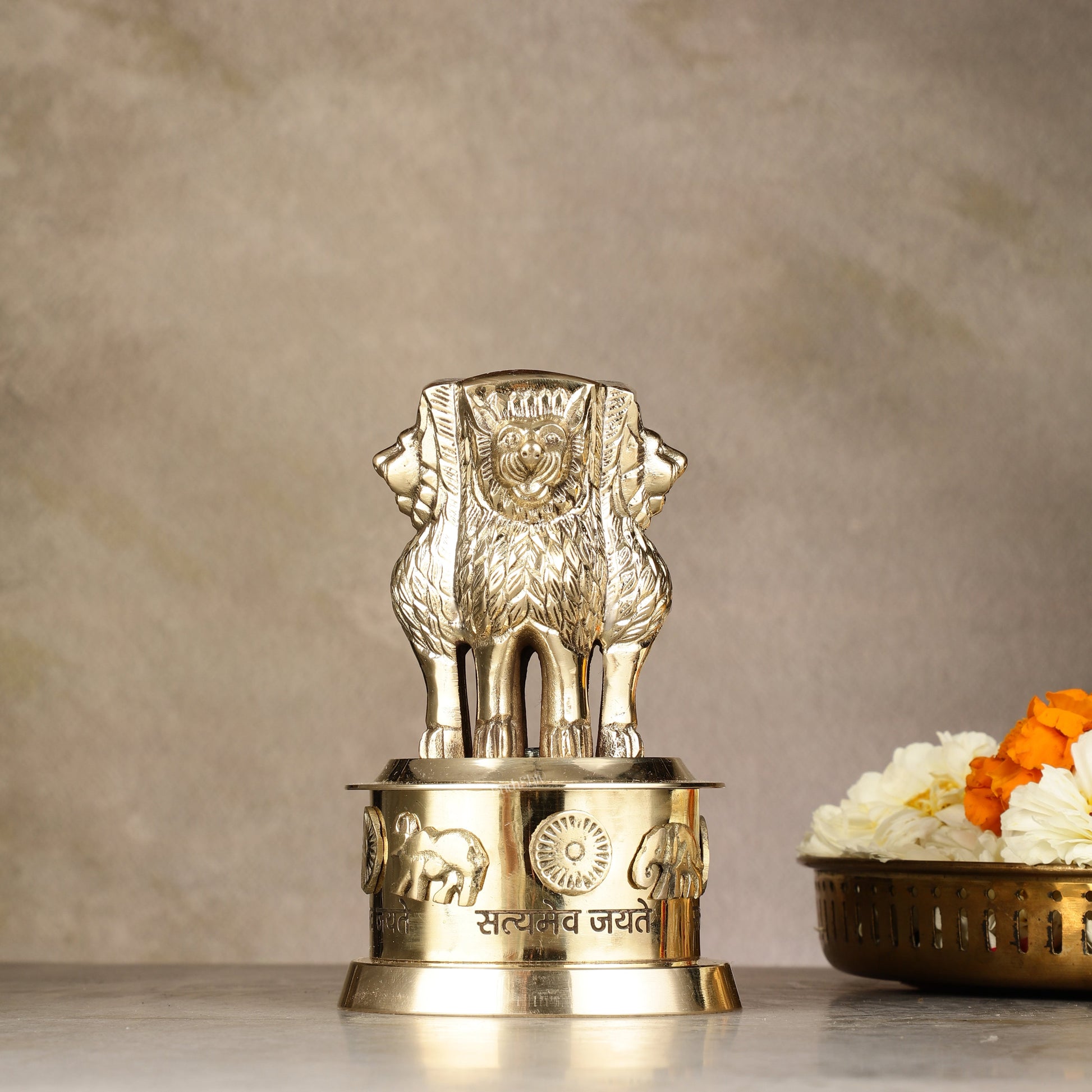 Brass Ashoka Lion Stambh Momento 7" | 100% Certified Copper & Brass - Sama Homes Idol - Brass Sculpture - Eco-friendly - Sama Homes