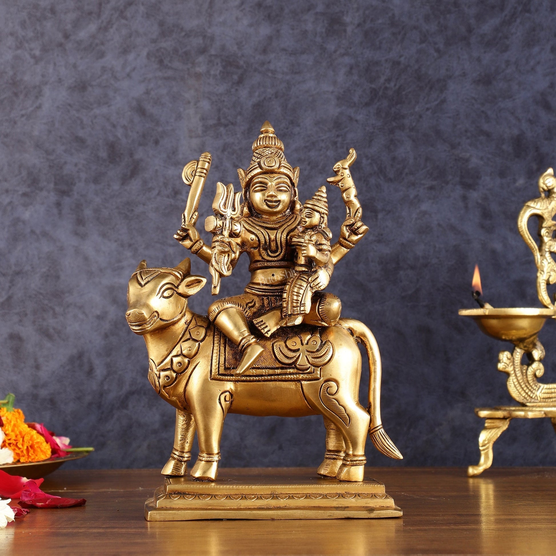 Brass Shiv Parvati Seated on Nandi | Pradosh - 8.5 Inch | 100% Certified Copper & Brass - Sama Homes Idol - Brass Sculpture - Eco-friendly - Sama Homes