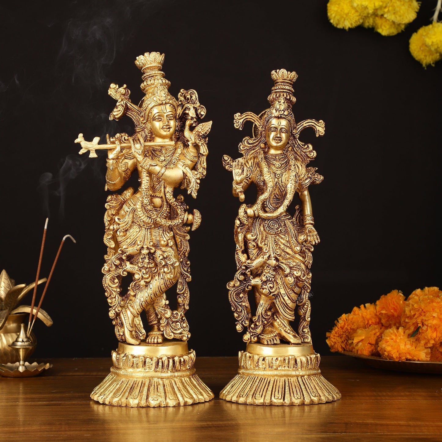 Pure Brass Superfine Radha Krishna Idols Pair on Lotus - 14" Elegant Sculpture - Sama Homes Idol - Brass Sculpture