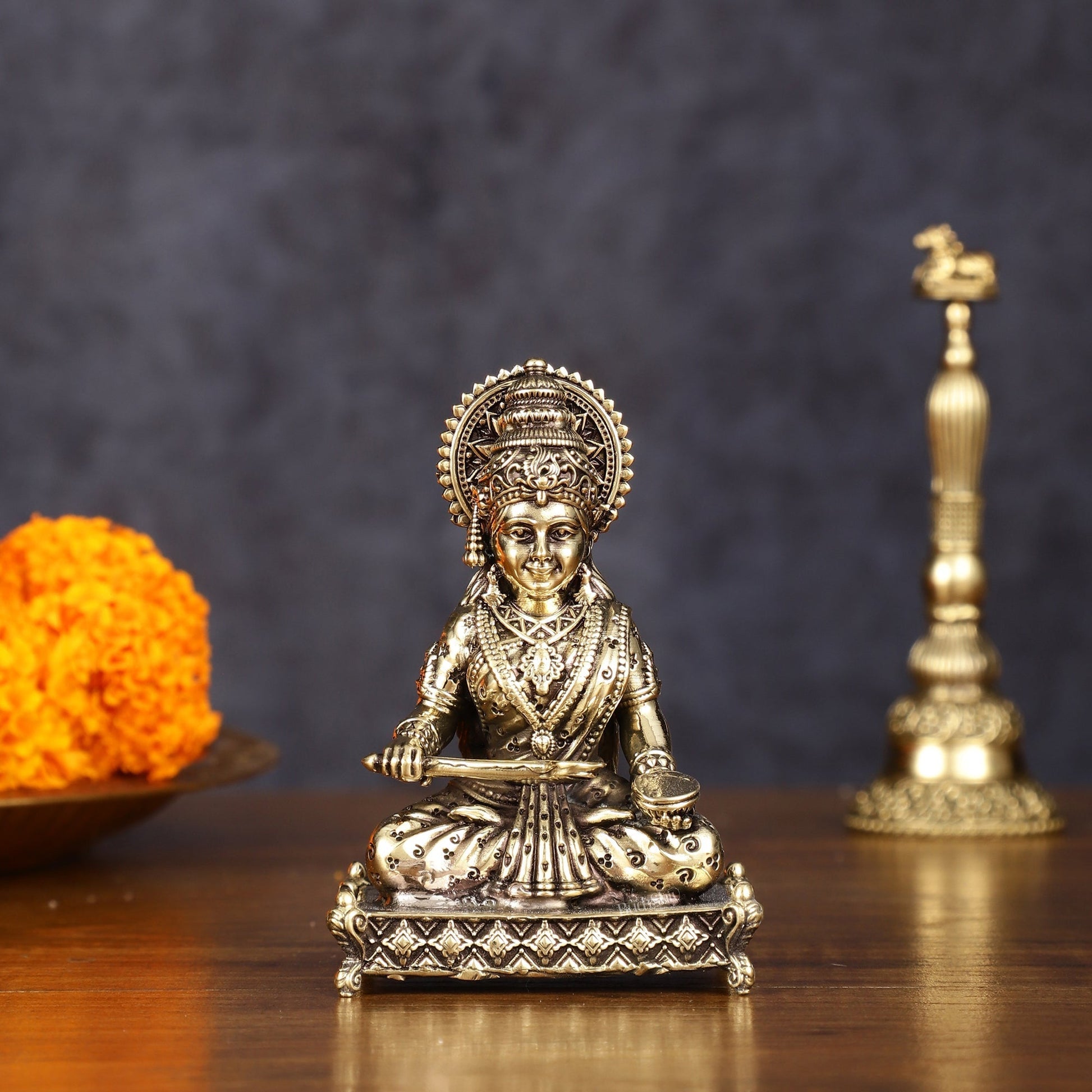 Brass Intricately Carved Annapurna Devi Idol - Lightweight Superfine 3" | 100% Certified Copper & Brass - Sama Homes Idol - Brass Sculpture - Eco-friendly - Sama Homes