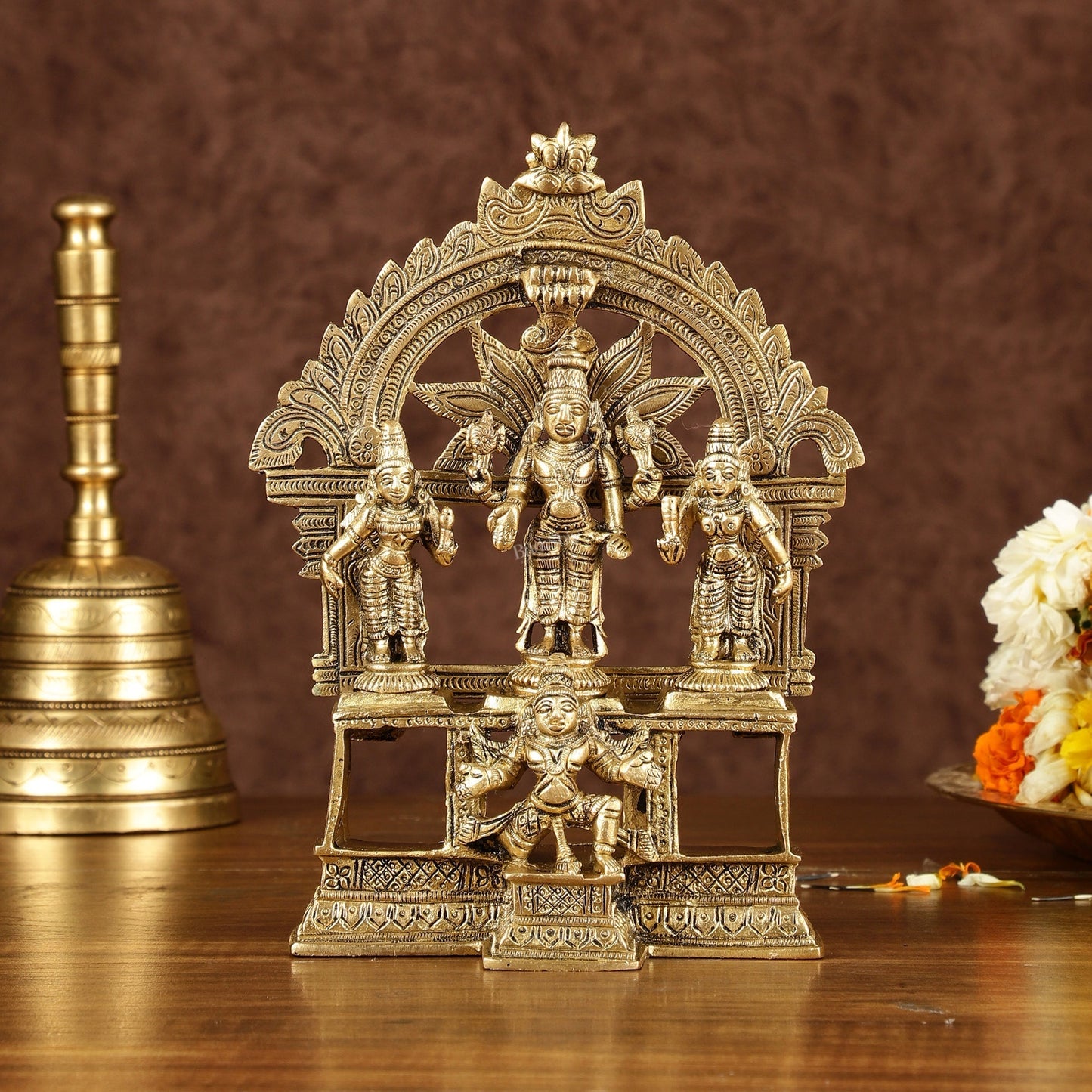 Brass Lord Tirupati Balaji with Bhoodevi Devi and Sridevi Idol | Height: 7.5 inch | 100% Certified Copper & Brass - Sama Homes Idol - Brass Sculpture