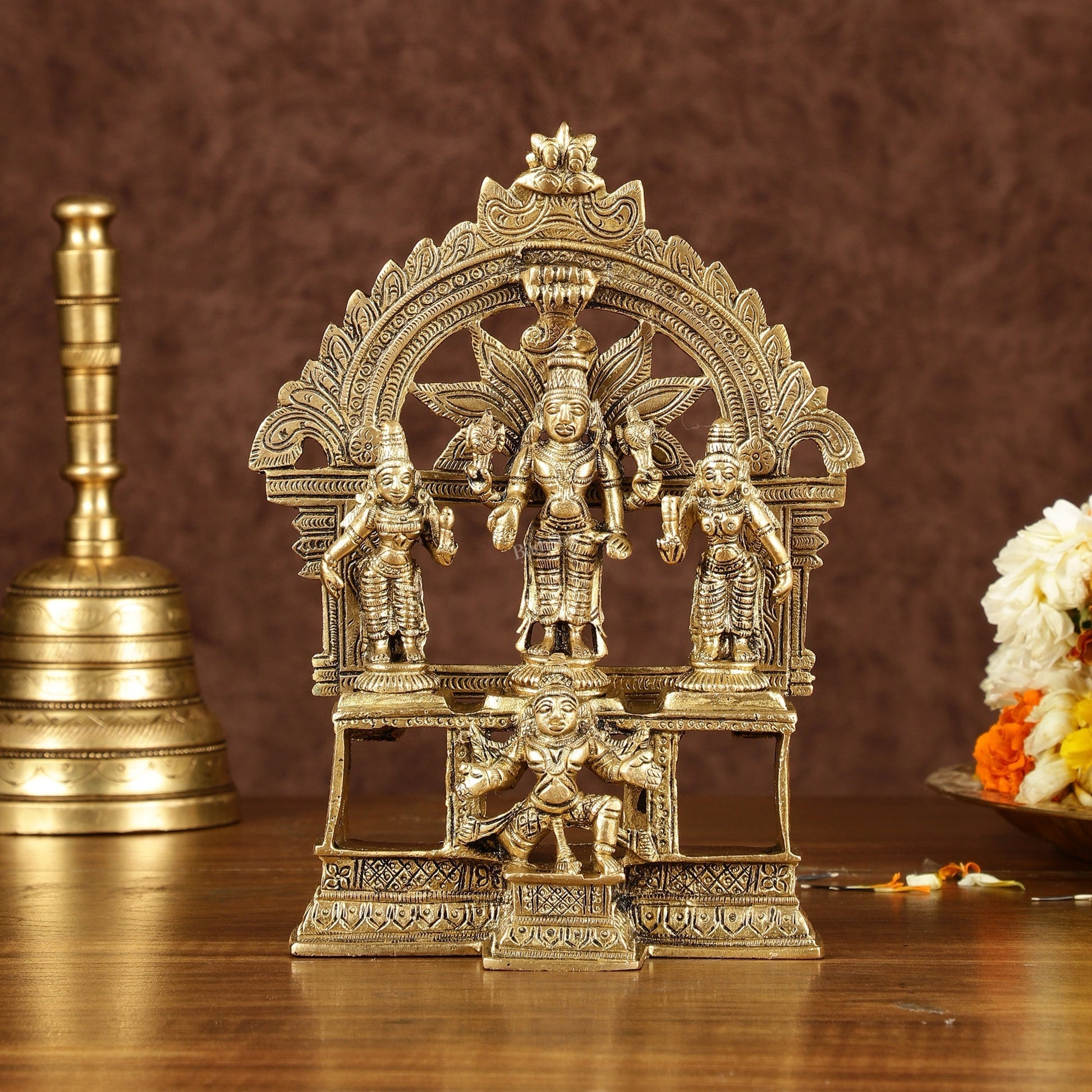 Brass Lord Tirupati Balaji with Bhoodevi Devi and Sridevi Idol | Height: 7.5 inch | 100% Certified Copper & Brass - Sama Homes Idol - Brass Sculpture - Eco-friendly - Sama Homes