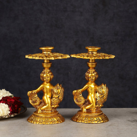 Brass Elegant Angel Table Showpiece Candle Holder 6" pair | 100% Certified Copper & Brass - Sama Homes Idol - Brass Sculpture