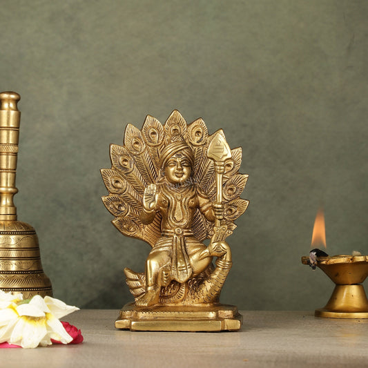 Sama Homes-antique brass superfine kartikeya lord murugan idol seated on peacock height 6 inch