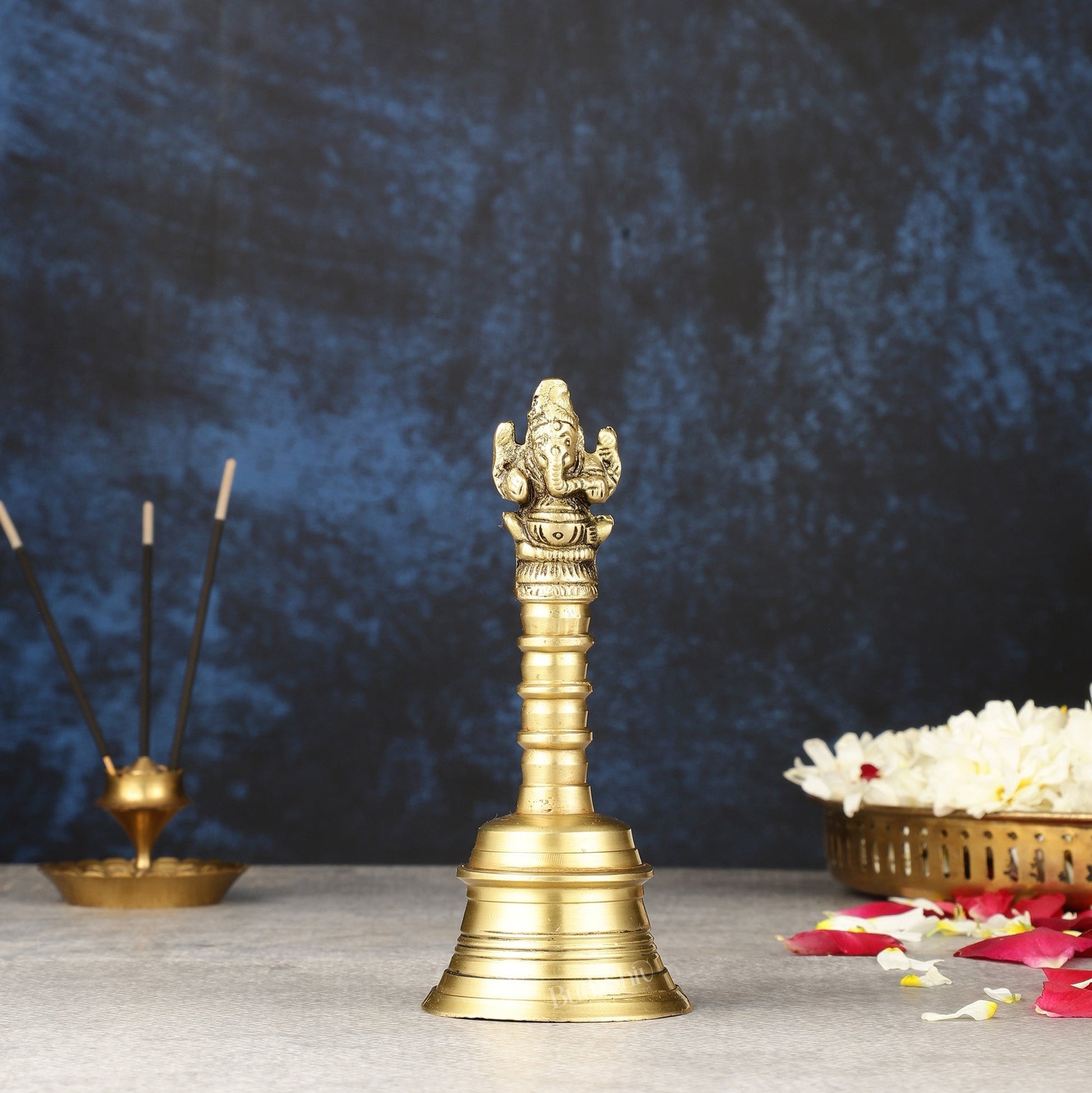 Pure Brass Ganapati Hand Bell for Pooja | Height 6 inch - Eco-friendly - Sama Homes