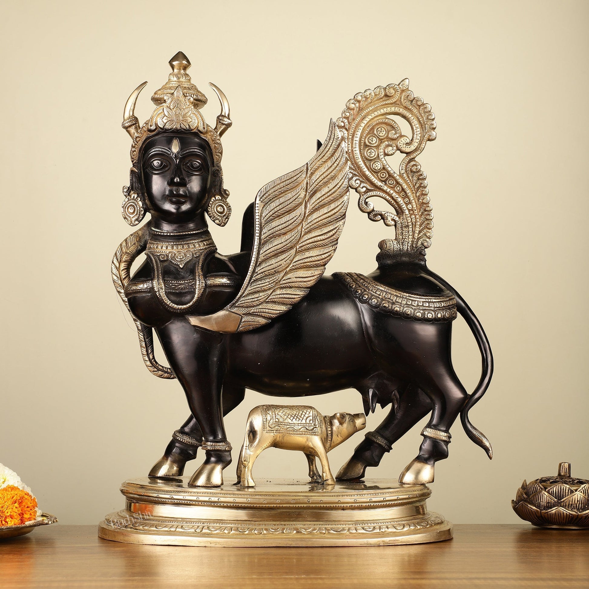 Brass Kamdhenu Cow with calf Statue | 16.5" Tall | Black edition - Eco-friendly - Sama Homes