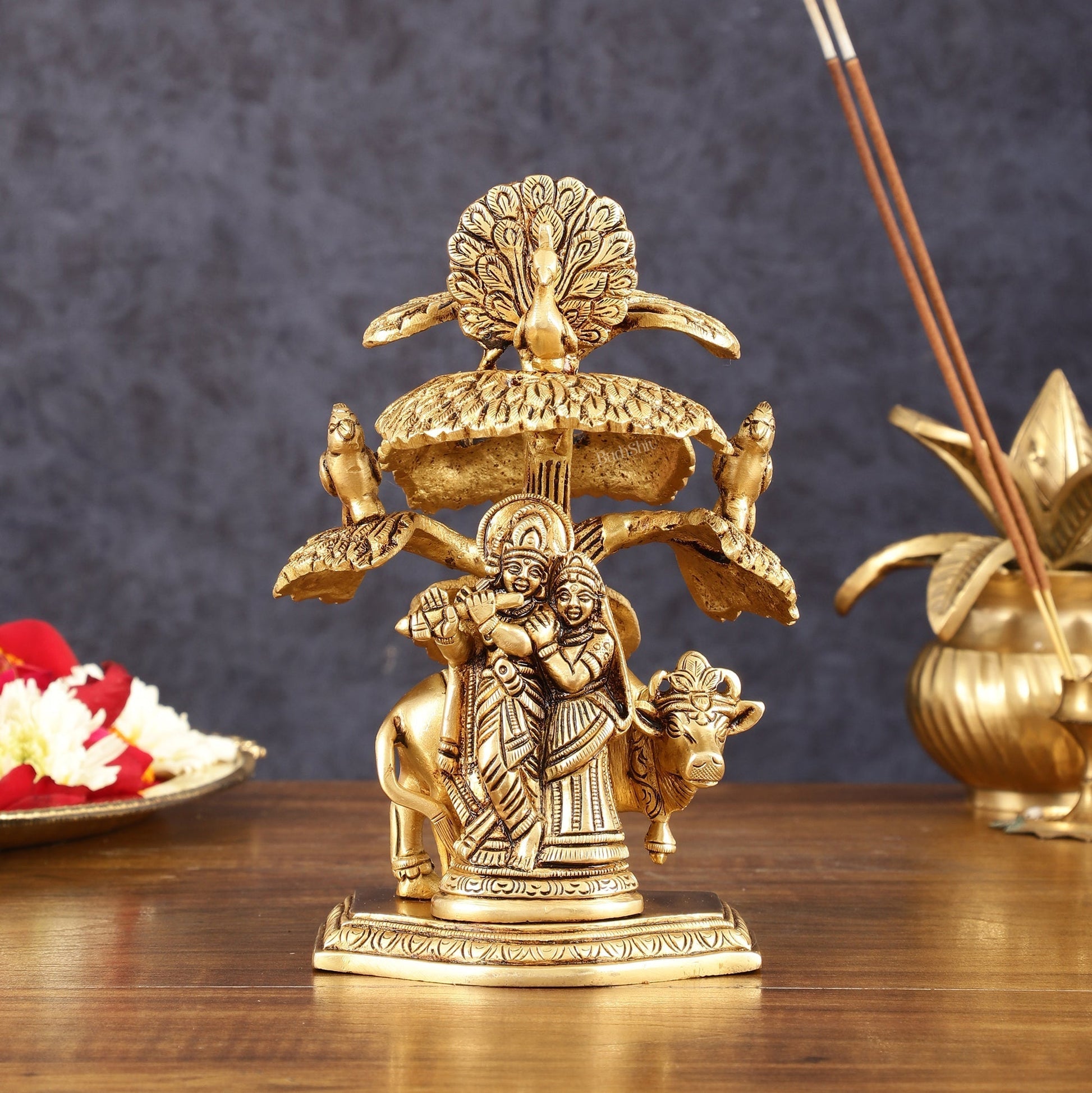 Pure Brass Radha Krishna with Cow Under Tree Idol - 7" Height - Sama Homes Idol - Brass Sculpture - Eco-friendly - Sama Homes