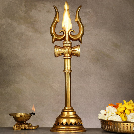 Brass Lord Shiva Trishul Standing Accent - 13.5" | 100% Certified Copper & Brass - Sama Homes Idol - Brass Sculpture