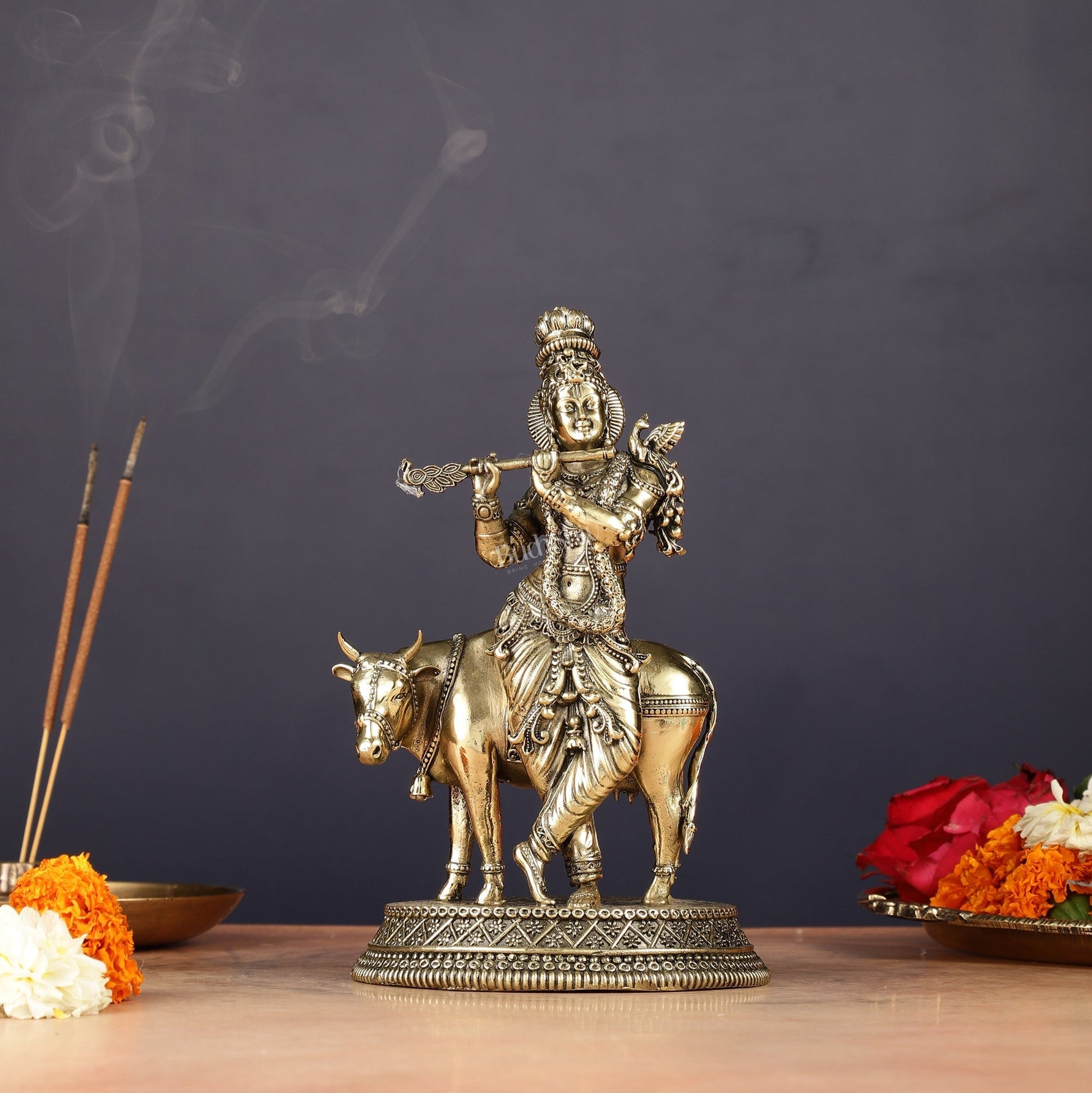 Superfine Brass Intricate Krishna with Cow idol - 7" - Sama Homes Idol - Brass Sculpture - Eco-friendly - Sama Homes