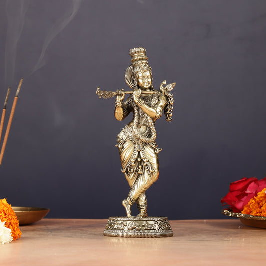 Intricate Pure Brass Lord Krishna Statue - 6.5" - Sama Homes Idol - Brass Sculpture