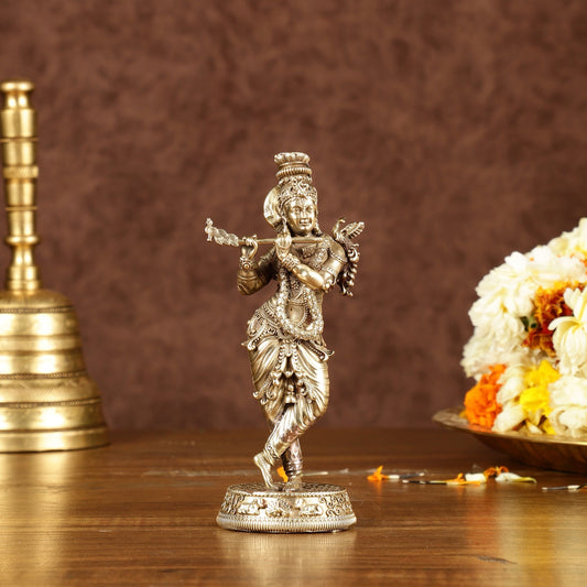Brass Handcrafted Lord Krishna Idol with Fine Carvings | Height: 5.5 inch | 100% Certified Copper & Brass - Sama Homes Idol - Brass Sculpture