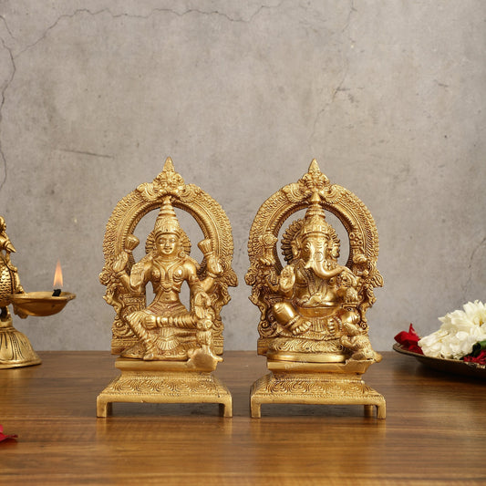 Brass Ganesha Lakshmi 7.5" | 100% Certified Copper & Brass - Sama Homes Idol - Brass Sculpture