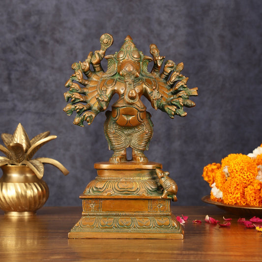 Superfine Brass Standing Lord Ganesha Idol with 16 Arms - 8.5" Antique Bronze Tone - Sama Homes Idol - Brass Sculpture