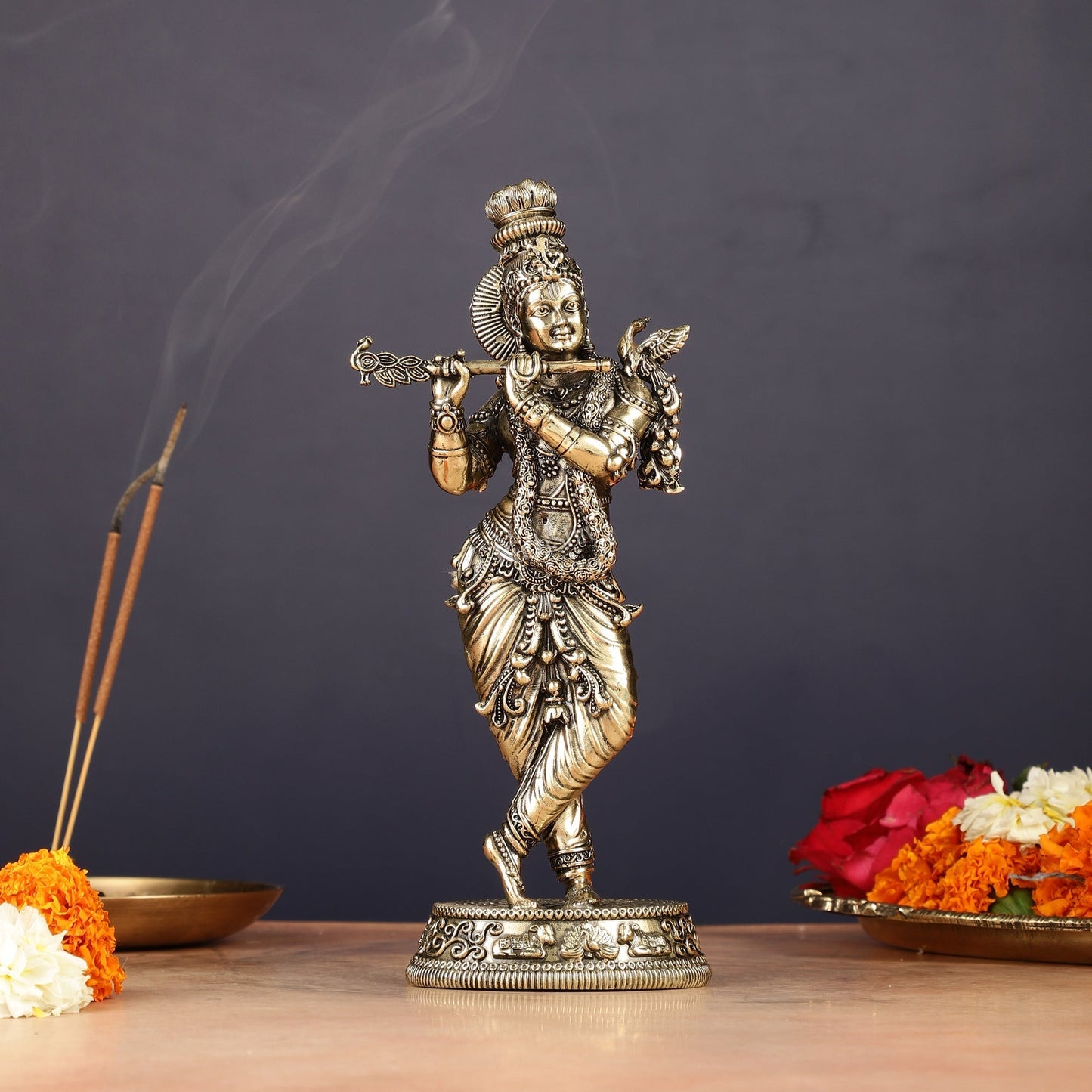 Intricate Pure Brass Lord Krishna Statue - 7.5" - Sama Homes Idol - Brass Sculpture