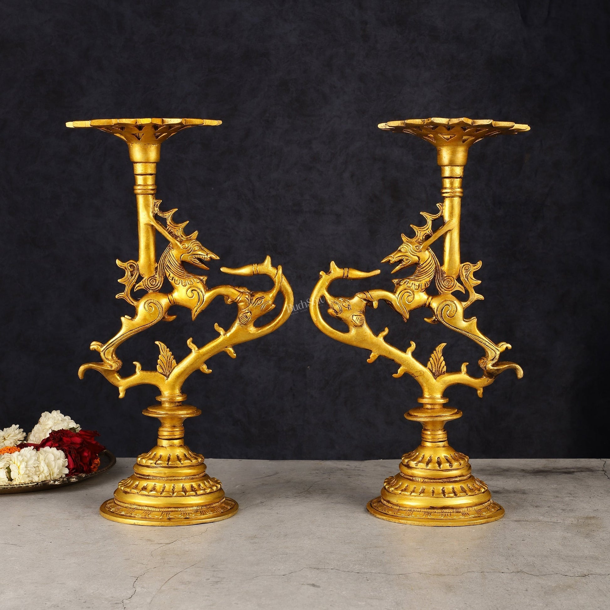 Pair of Pure Brass Yali Candle Holders 9" - Sama Homes Idol - Brass Sculpture - Eco-friendly - Sama Homes
