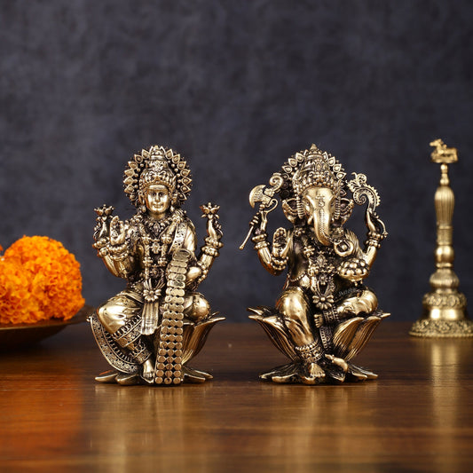 Brass Superfine Ganesh Lakshmi Idols - 4 Inch | 100% Certified Copper & Brass - Sama Homes Idol - Brass Sculpture