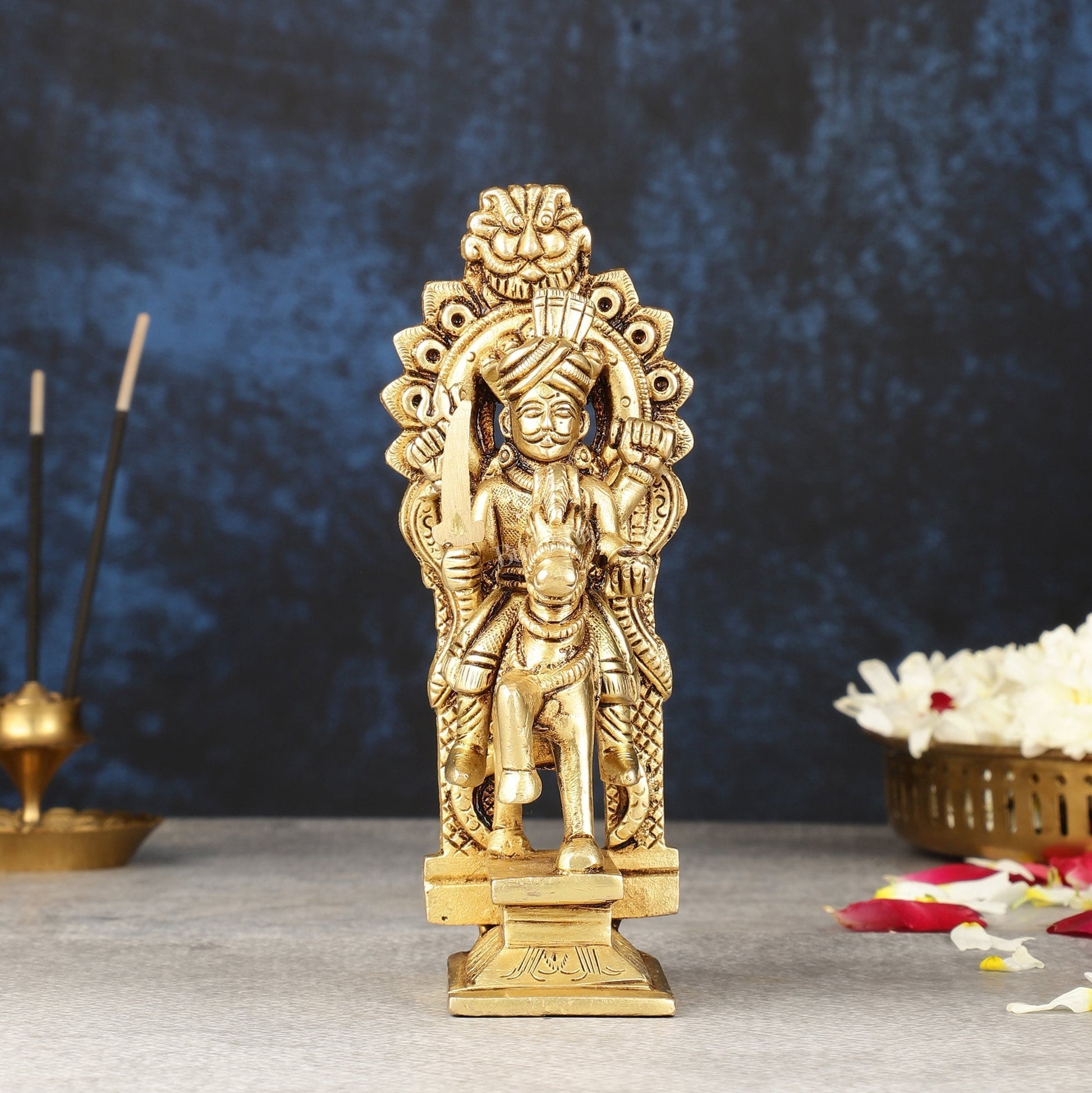 Martanda Bhairava Pure Brass Khandoba on Horse with Arch Idol | 6" - Sama Homes Idol - Brass Sculpture - Eco-friendly - Sama Homes