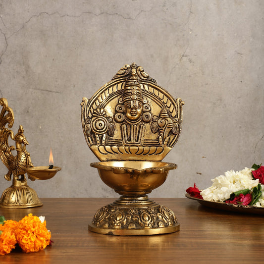 Brass tirupati balaji lamp shankh chakra 9 inch - Sama Homes Idol - Brass Sculpture