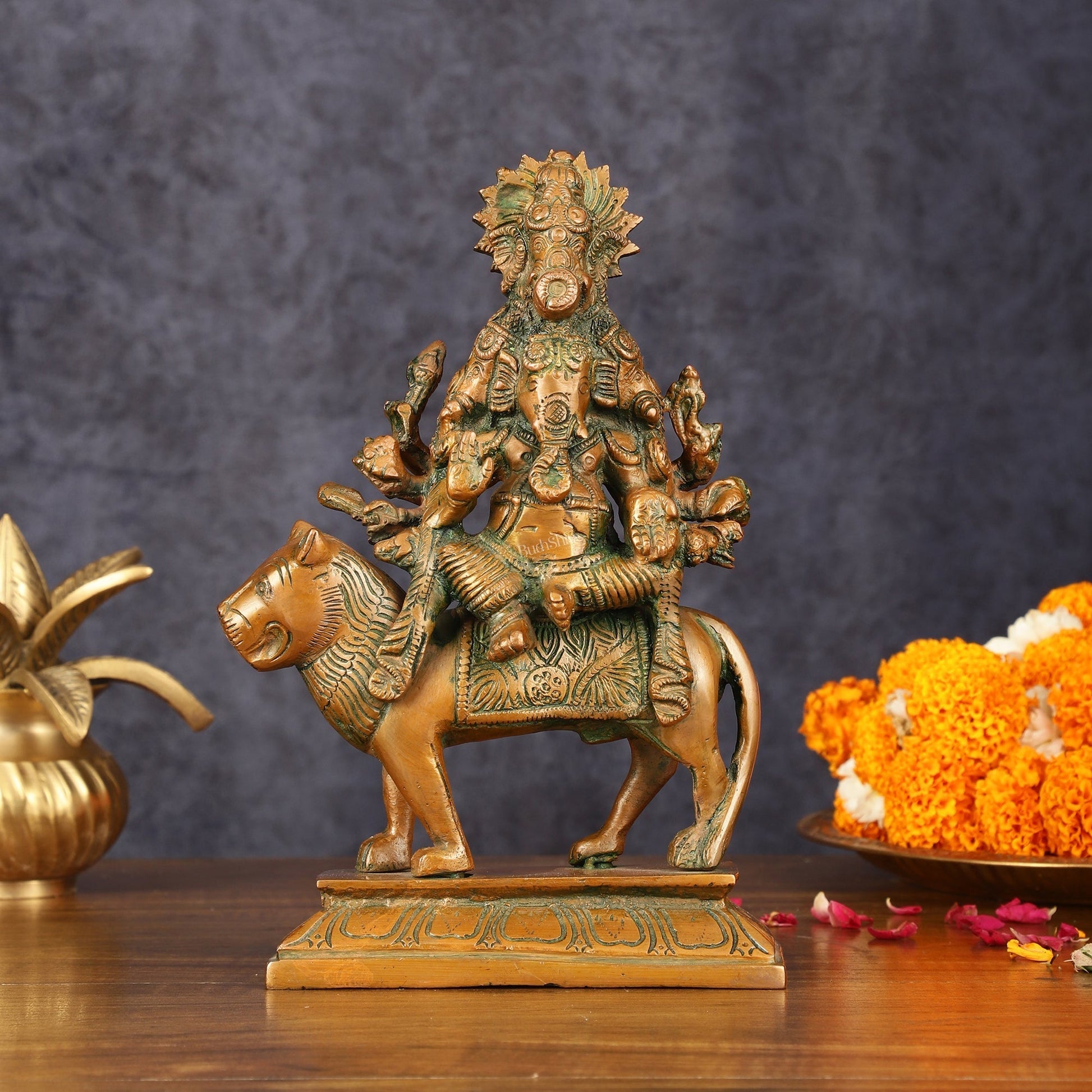 Brass Statue of Panchmukhi Heramba Ganesha - 9" Antique Bronze Finish | 100% Certified Copper & Brass - Sama Homes Idol - Brass Sculpture - Eco-friendly - Sama Homes